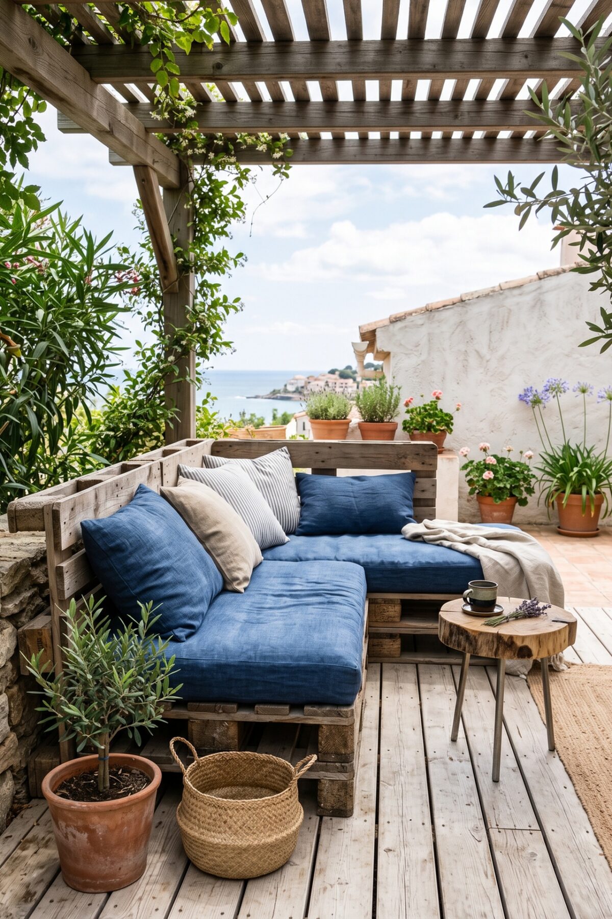 salon de jardin en palette avec canapé bleu sous une pergola