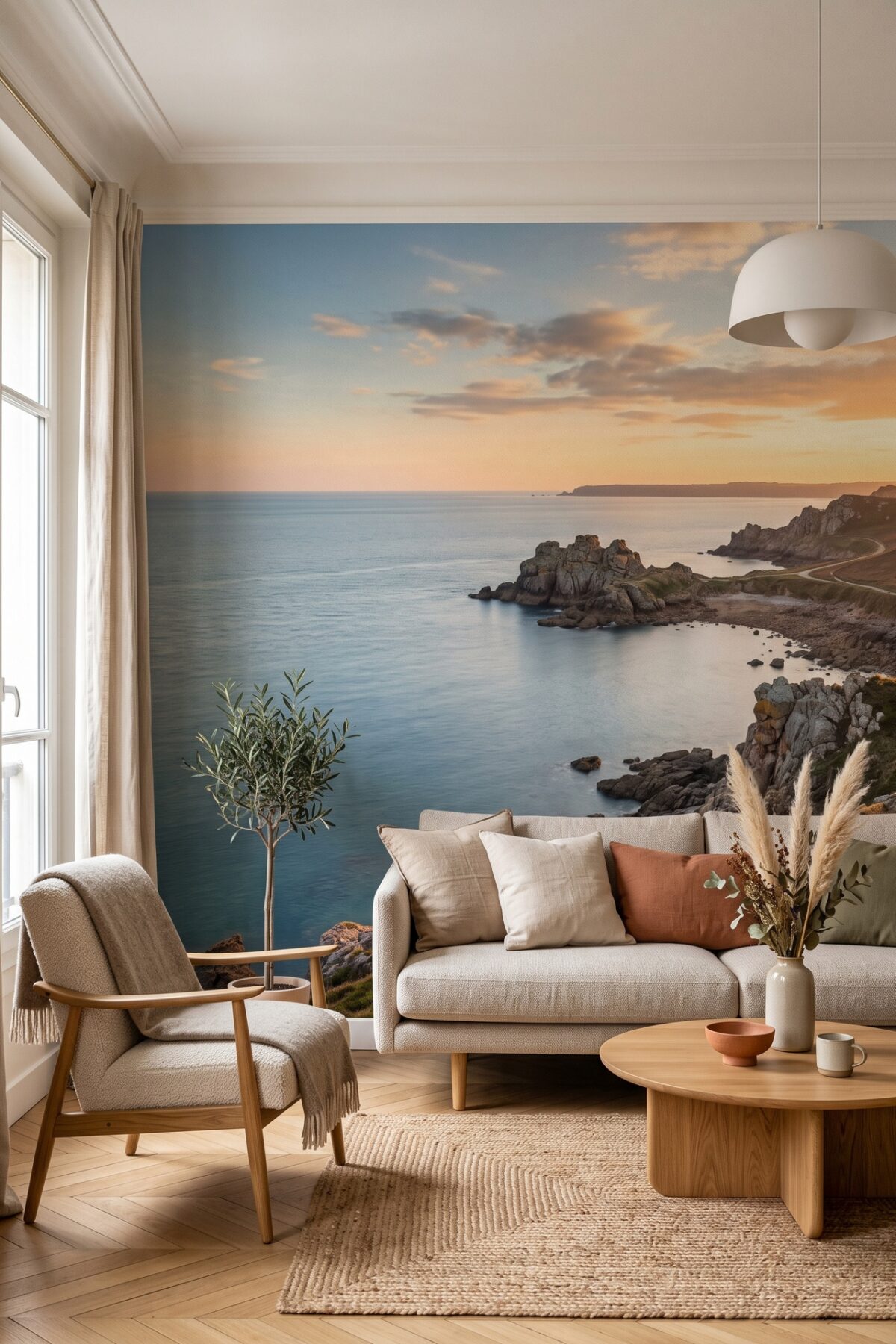 Salon contemporain avec une fresque murale personnalisée représentant un paysage côtier