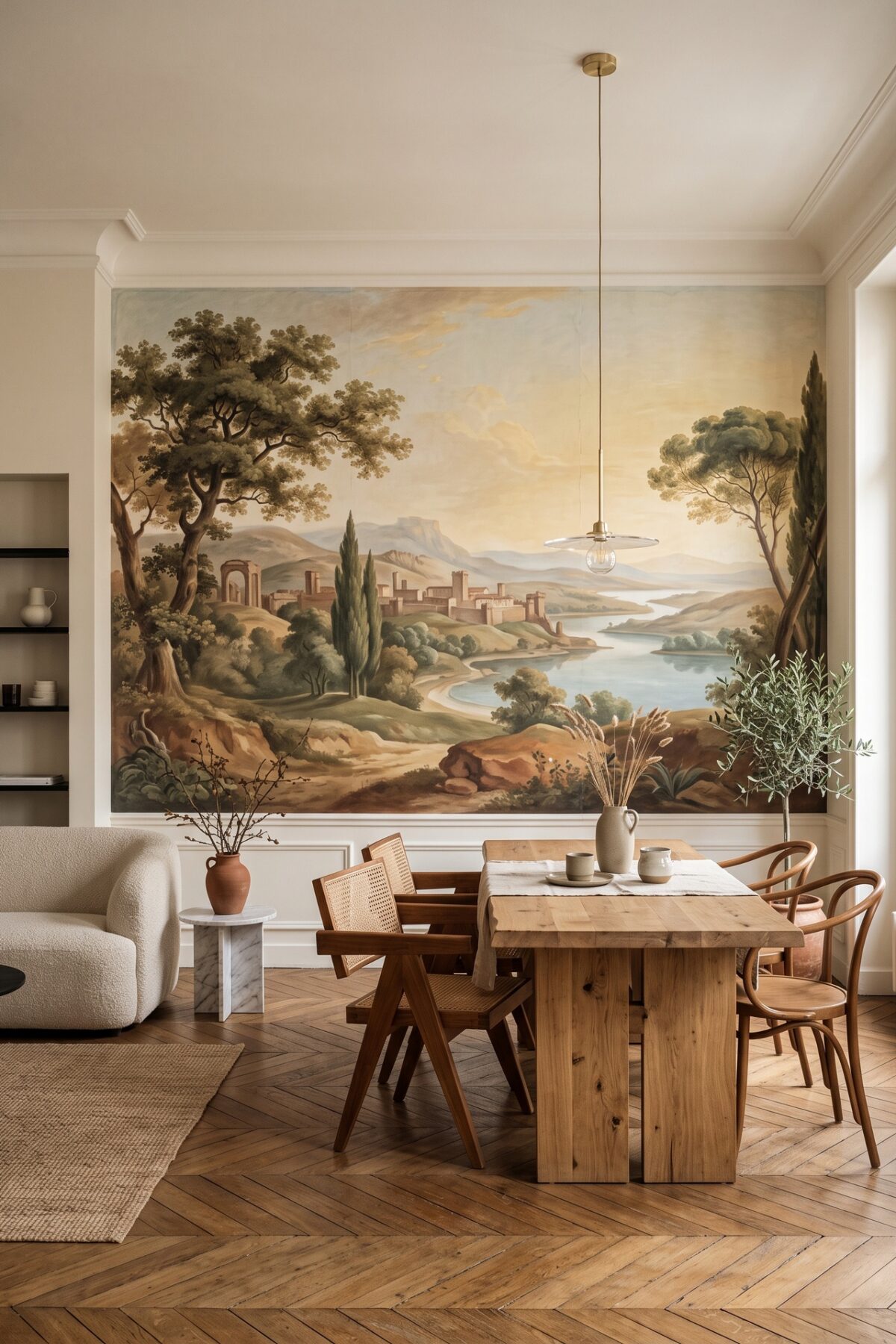 Salon avec une fresque panoramique historique peinte aux tons sépia et sauge