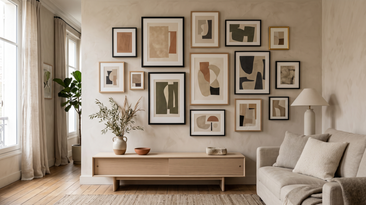 Salon lumineux avec canapé beige et mur de cadres présentant des affiches abstraites dans une décoration contemporaine