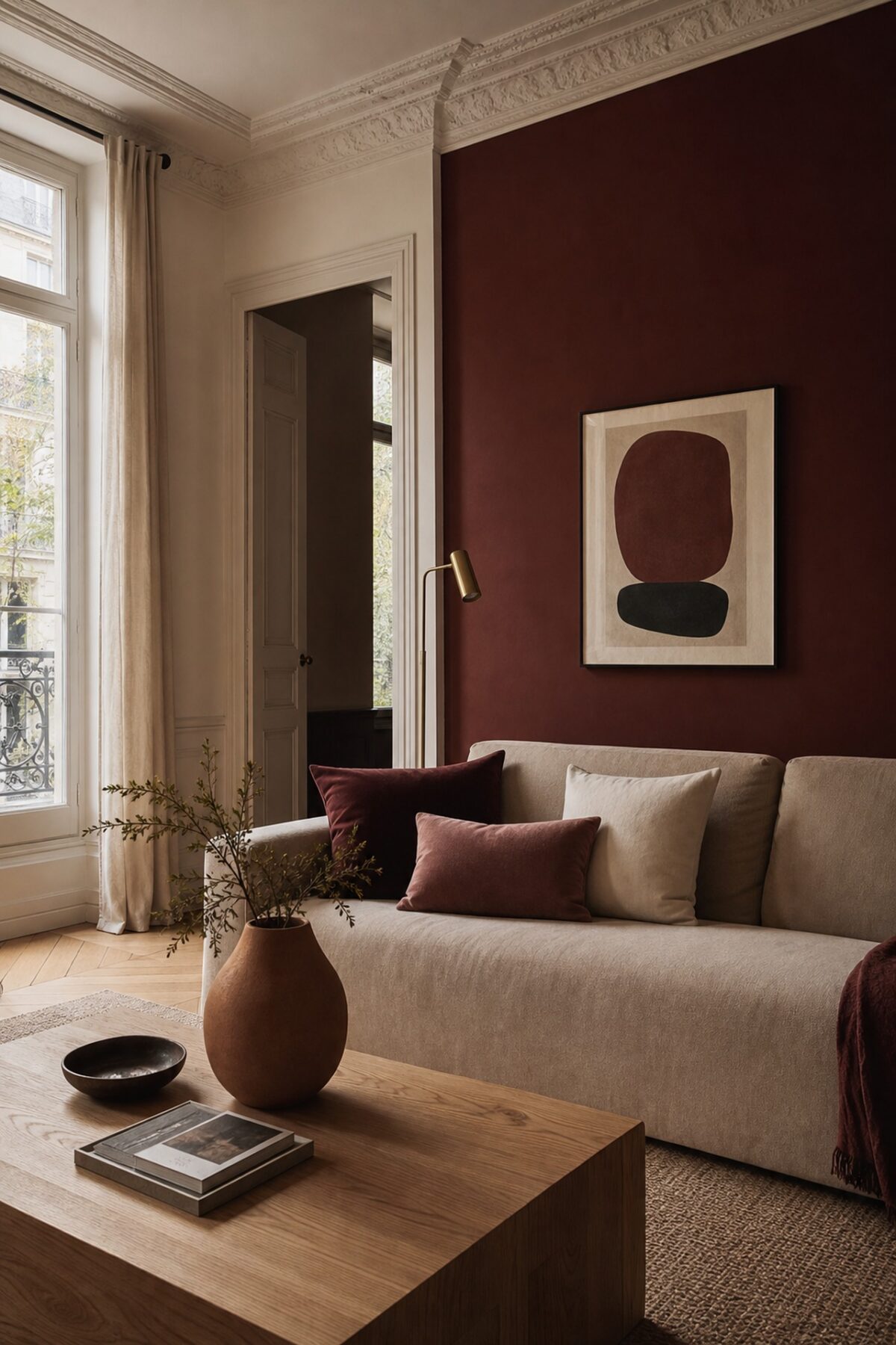 Salon contemporain avec mur marsala, canapé beige, table basse en bois clair et coussins bordeaux