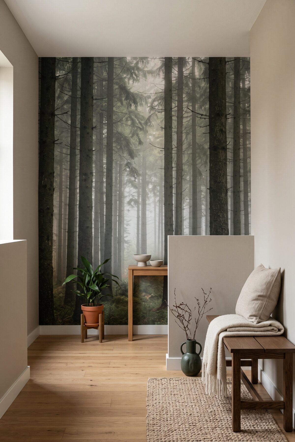 Salon avec un papier peint trompe-l'œil représentant une forêt de sapins
