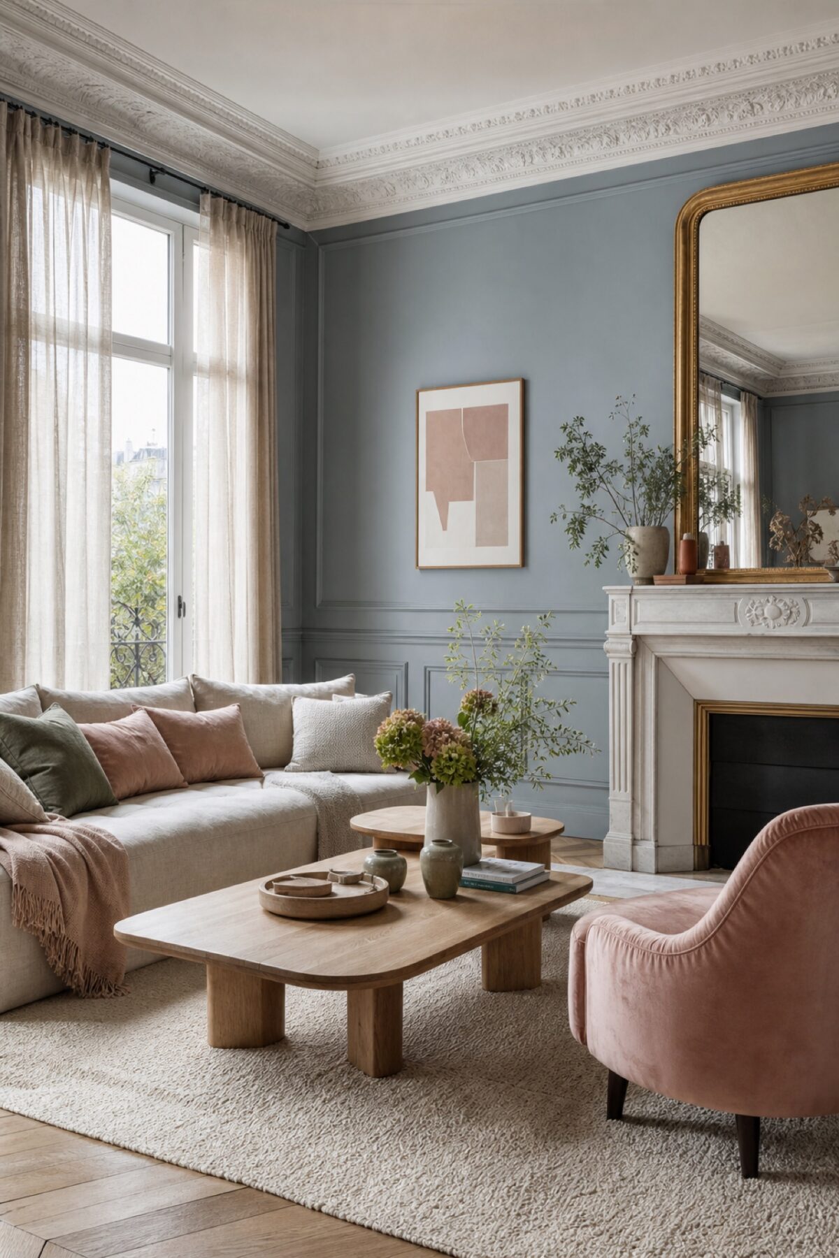 Salon parisien avec mur bleu grisé, fauteuil rose poudré et canapé en lin crème