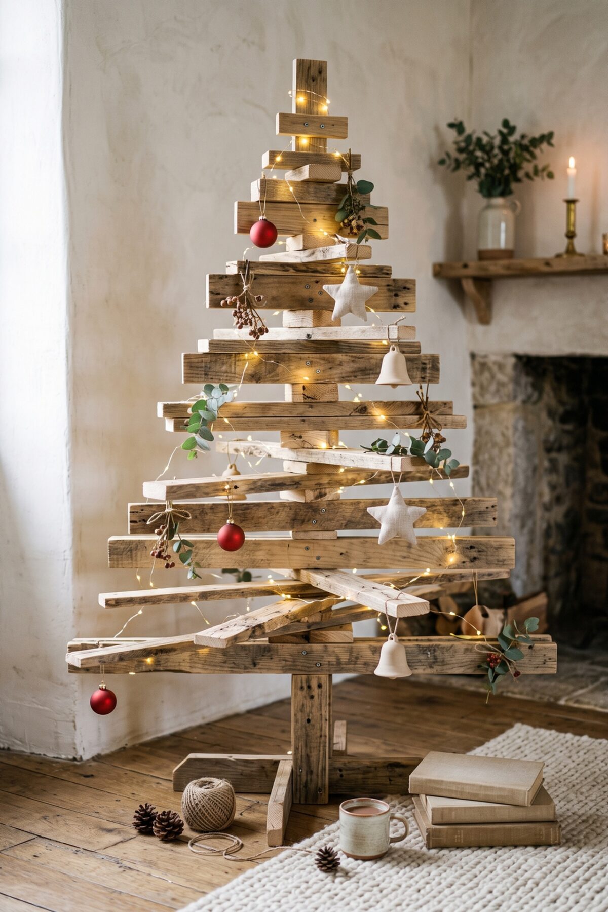 sapin de Noël en planches de palette avec guirlande lumineuse