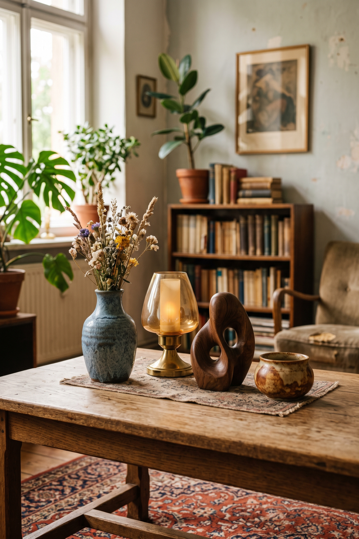 sélection d’objets déco vintage sur une table dans un intérieur berlinois