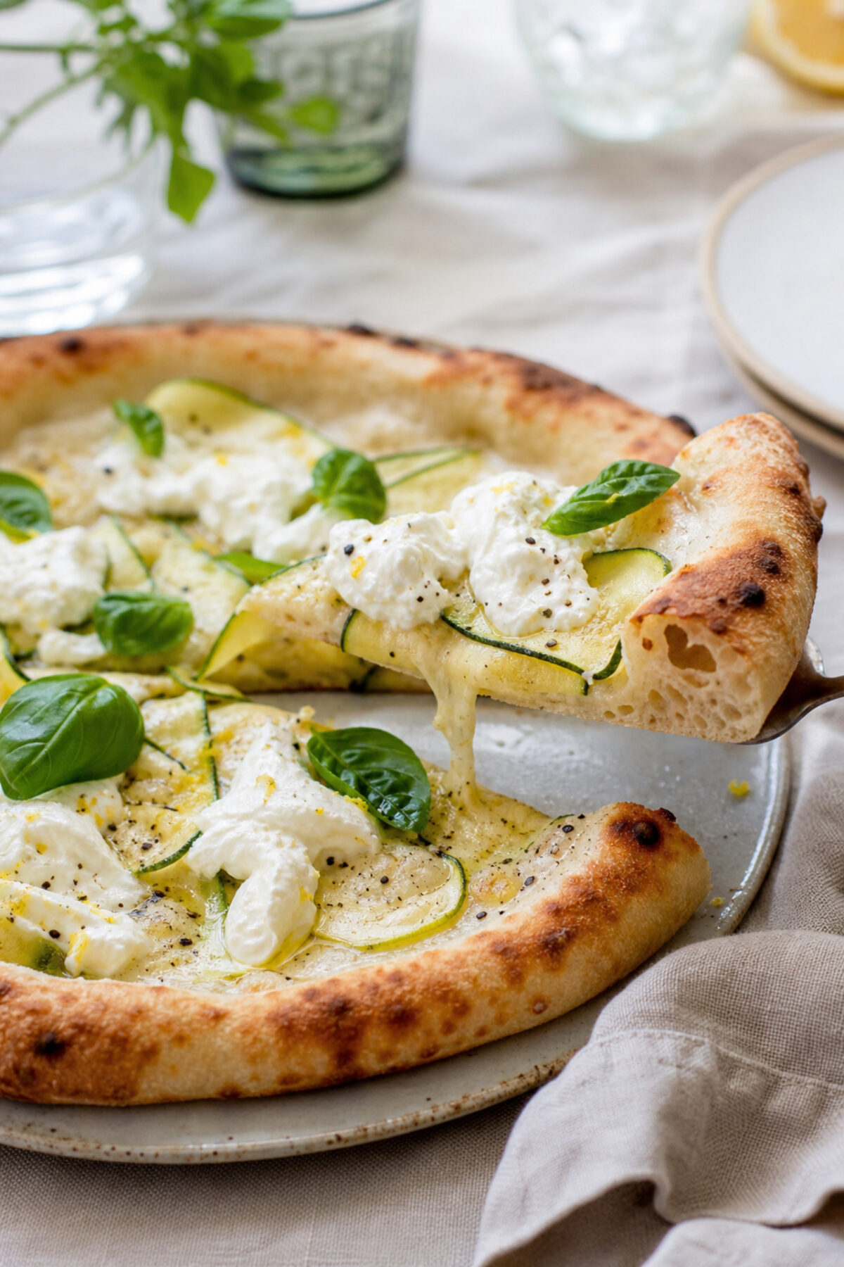 Part de pizza blanche aux courgettes finie avec burrata, zeste de citron et basilic
