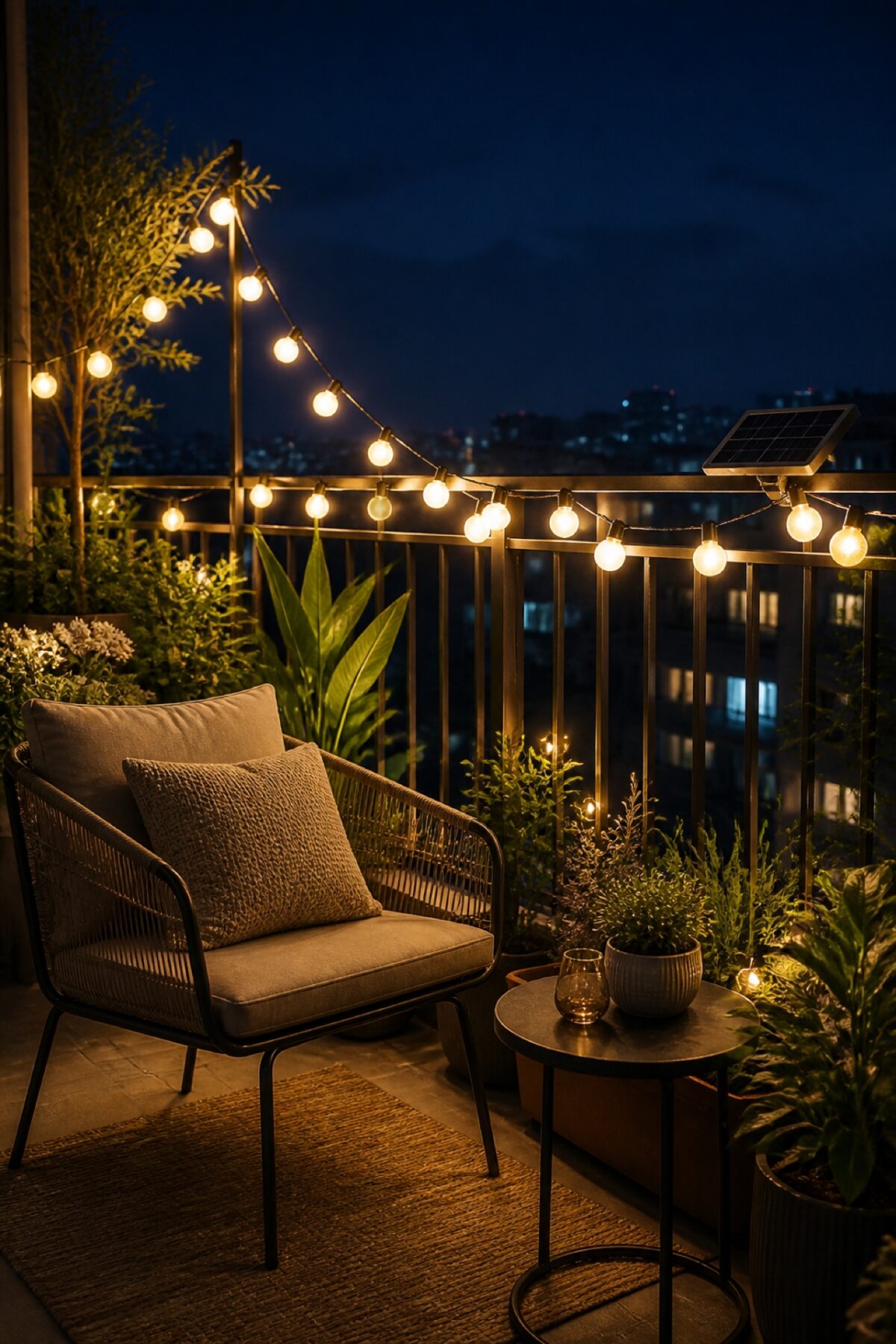 Balcon aménagé avec un fauteuil et une string light solaire allumée face à la ville la nuit