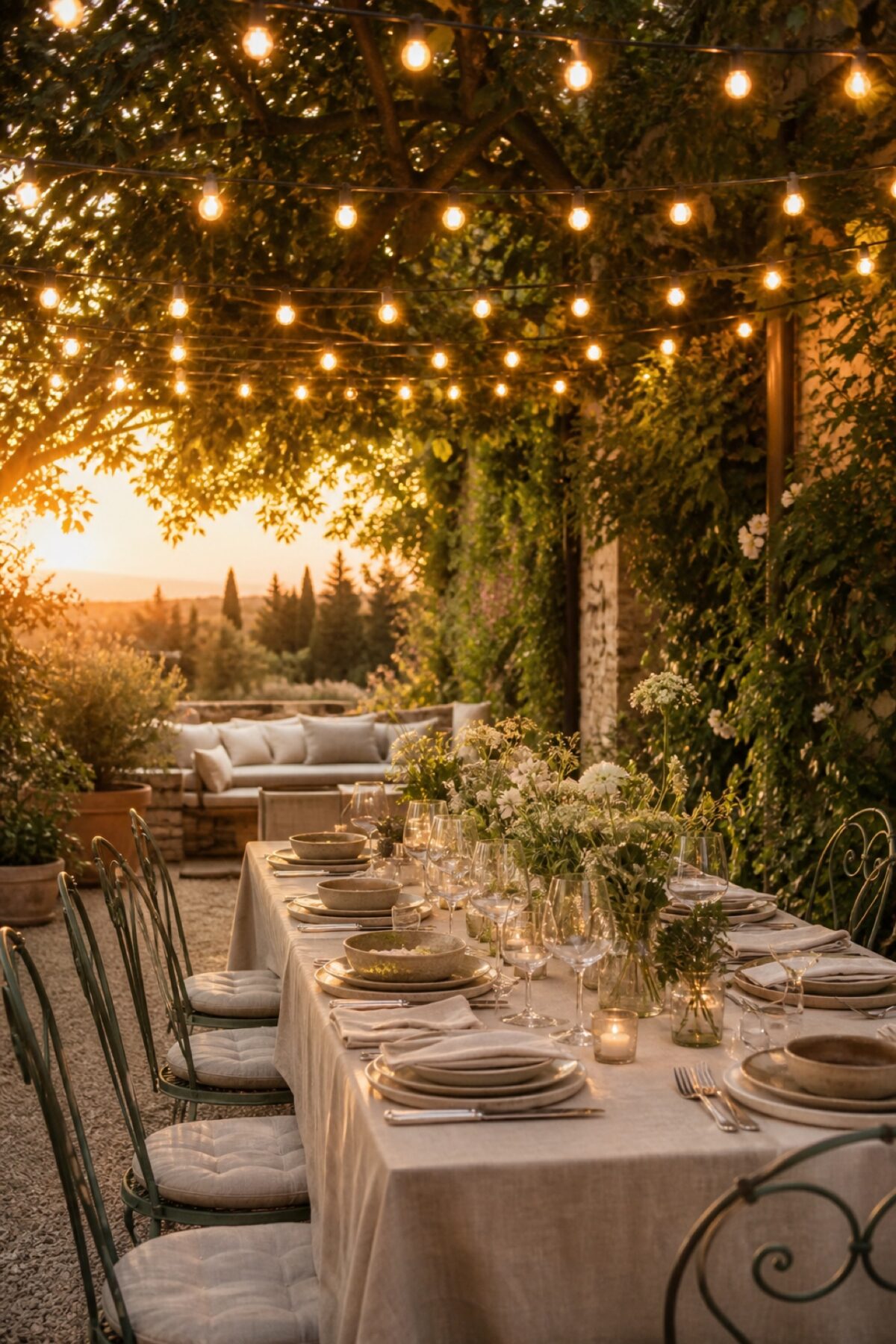Table dressée dans un jardin avec des string lights et des ampoules chaudes au coucher du soleil