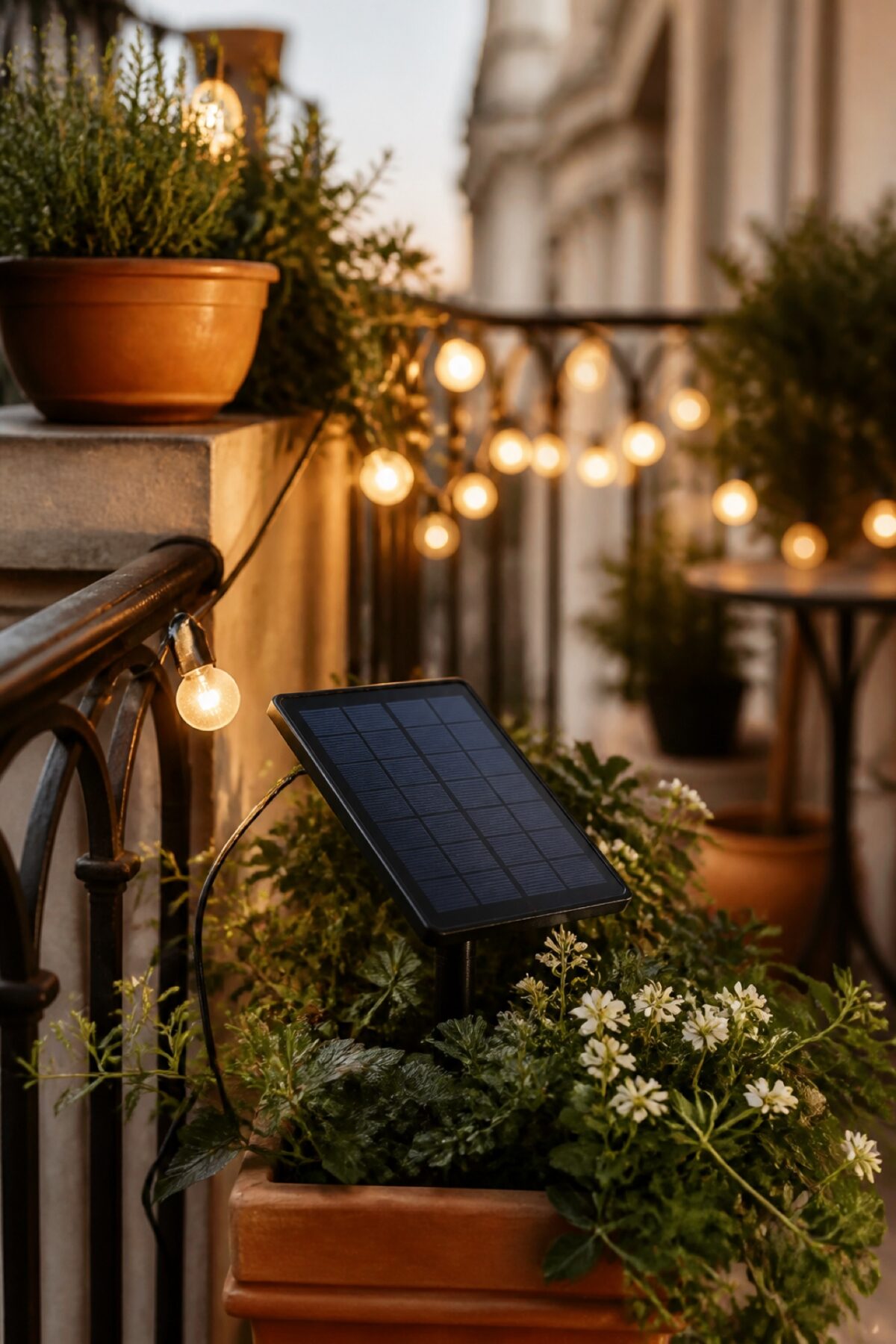 String light solaire installée sur un balcon avec des plantes en pot et un panneau photovoltaïque