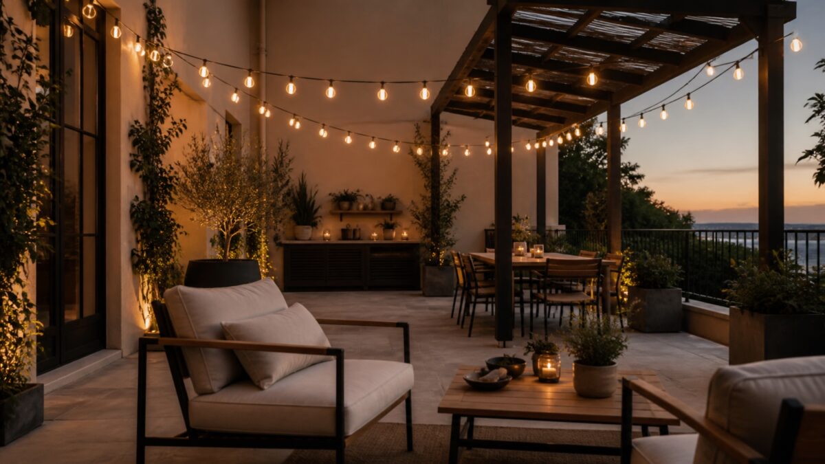 Terrasse aménagée sous une pergola avec des string lights allumées au coucher du soleil