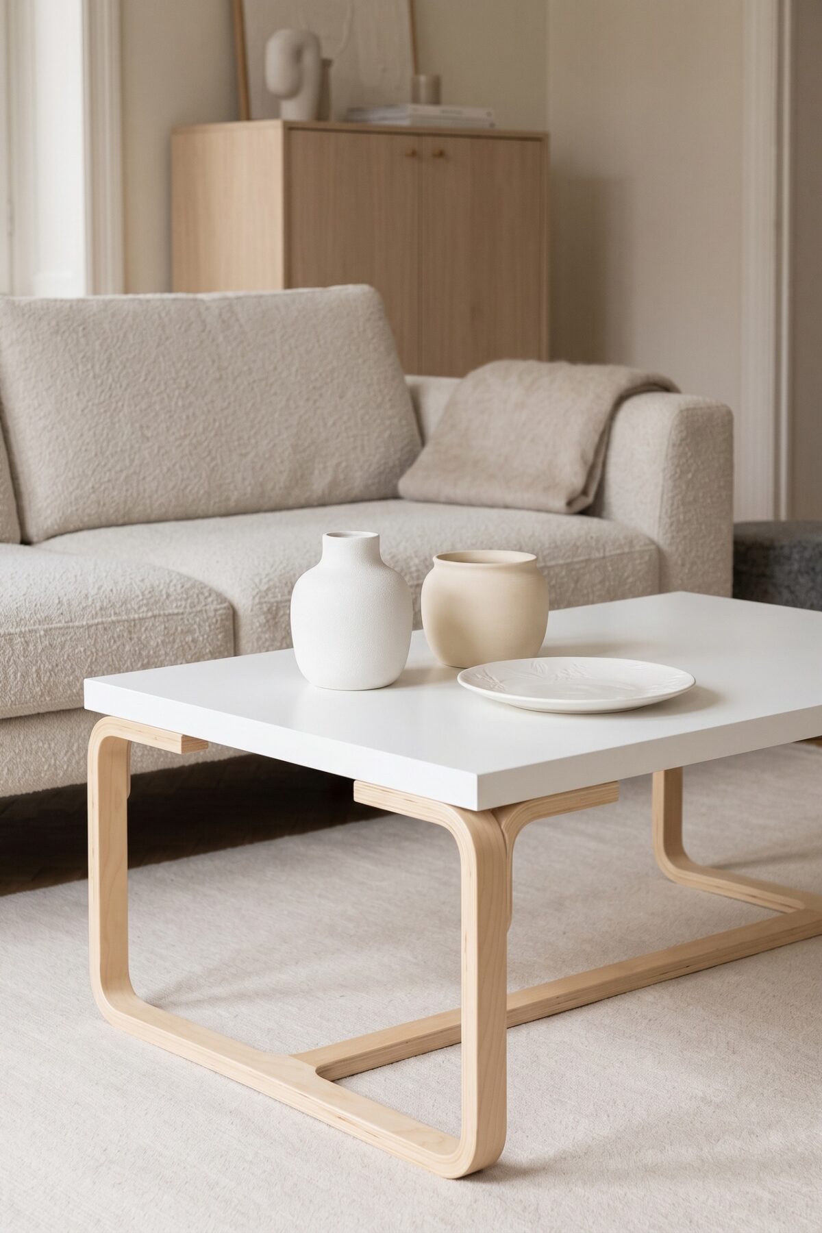Table basse blanche créée avec des pieds de tabouret Frosta IKEA