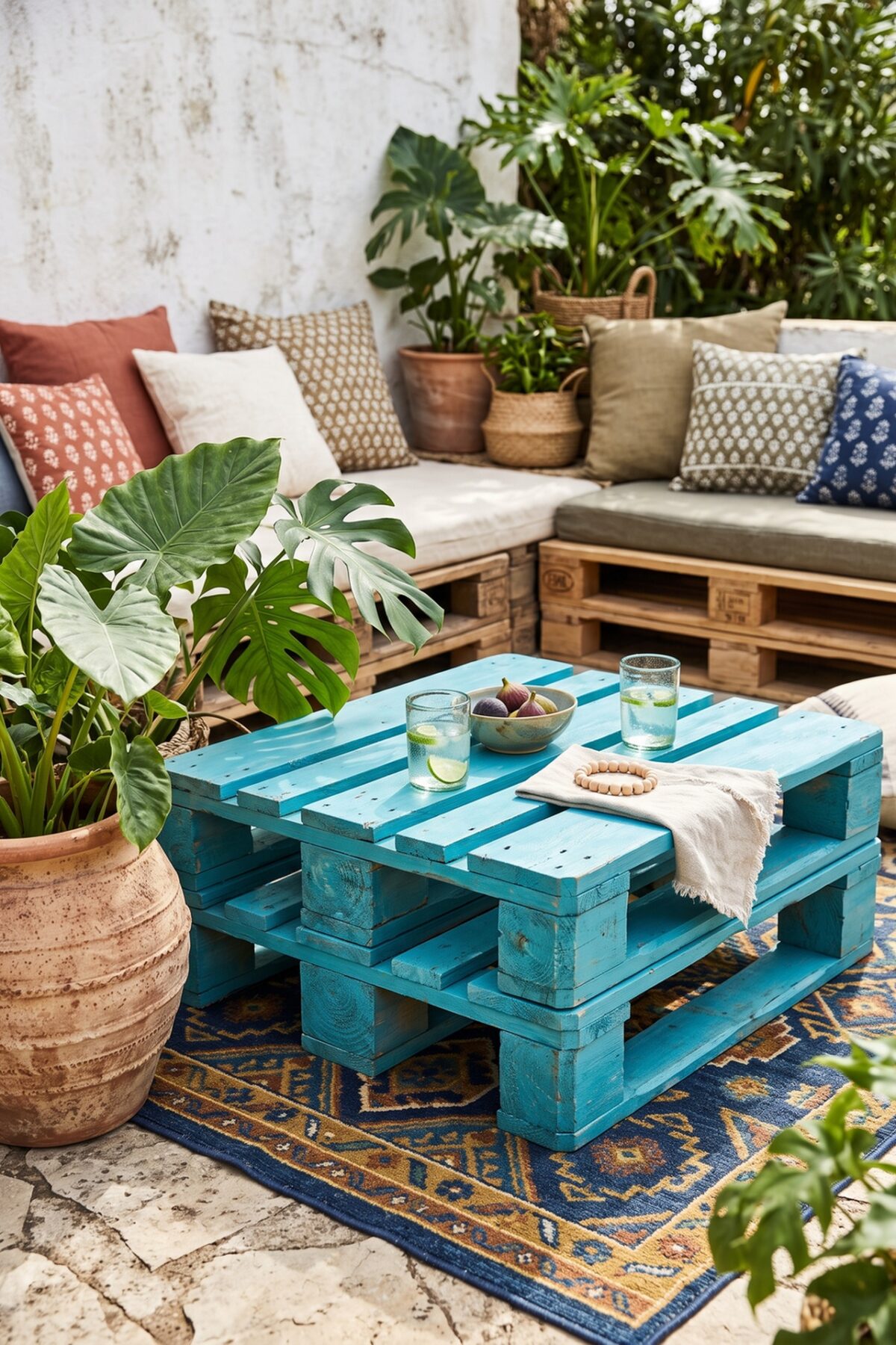 table basse de jardin en palette peinte en bleu