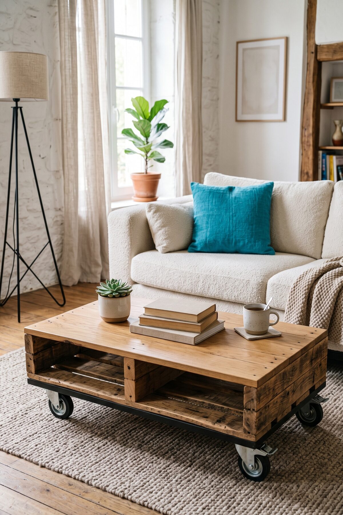 table basse en palette dans un salon cosy contemporain