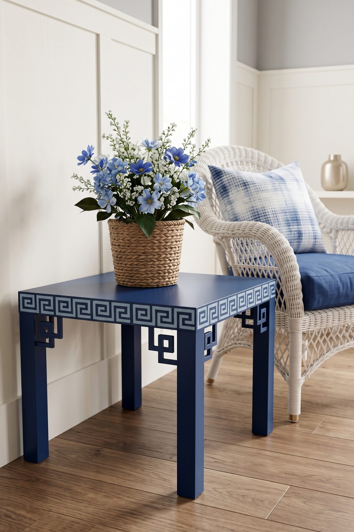 Table basse IKEA bleu profond customisée avec motif géométrique