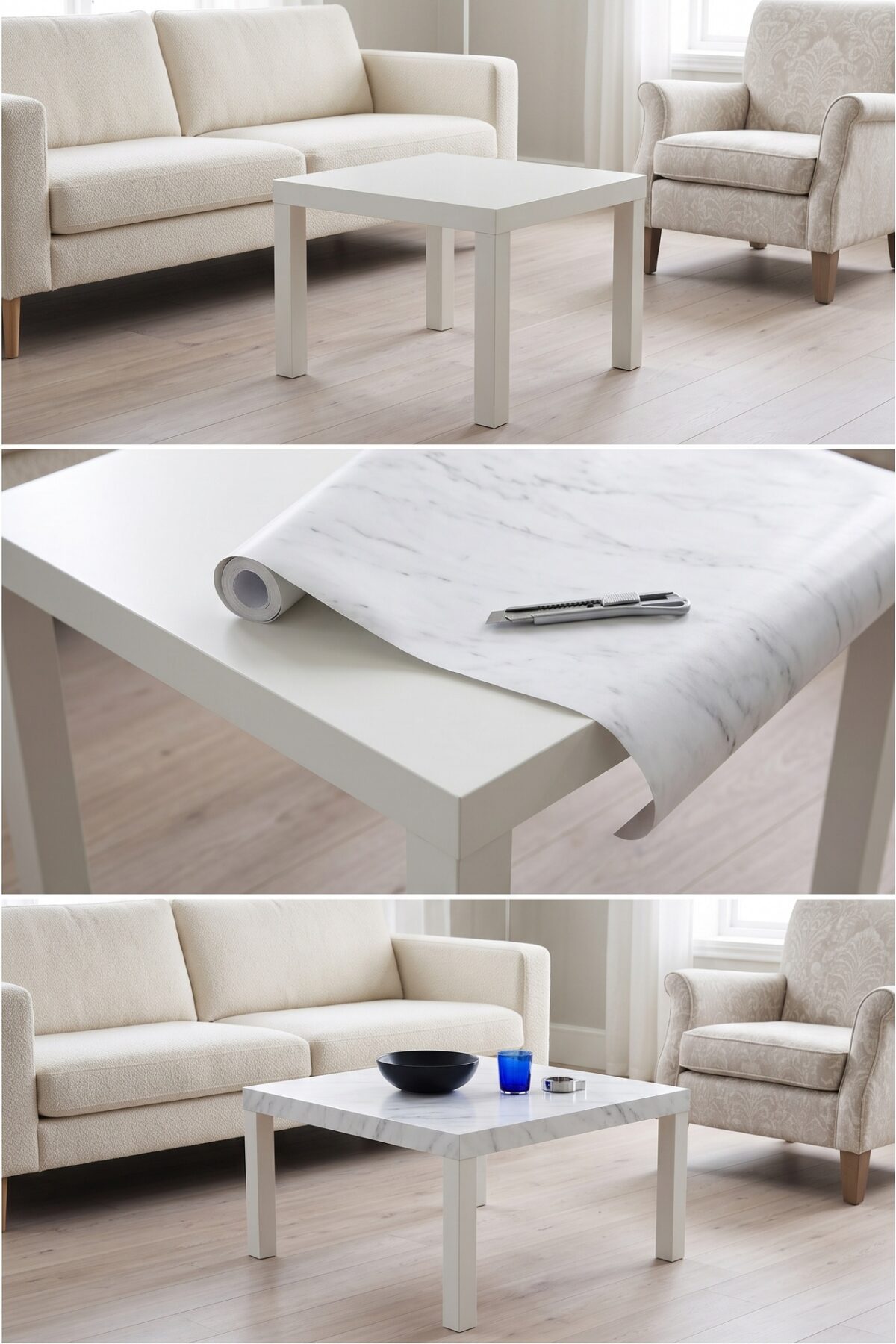 Table basse IKEA customisée avec revêtement effet marbre et décoration contemporaine
