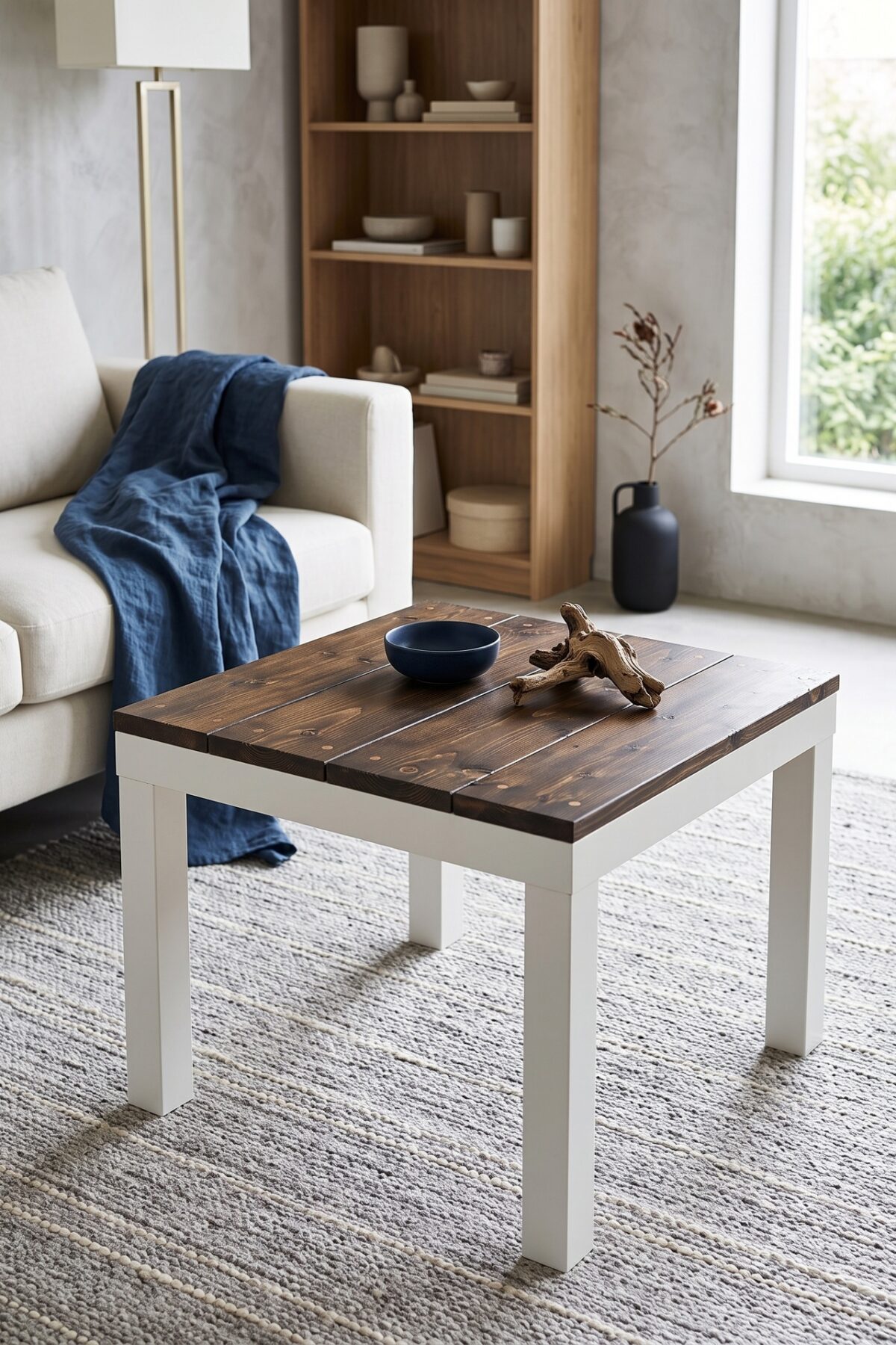Table basse IKEA LACK avec plateau en lattes de bois foncé et pieds blancs
