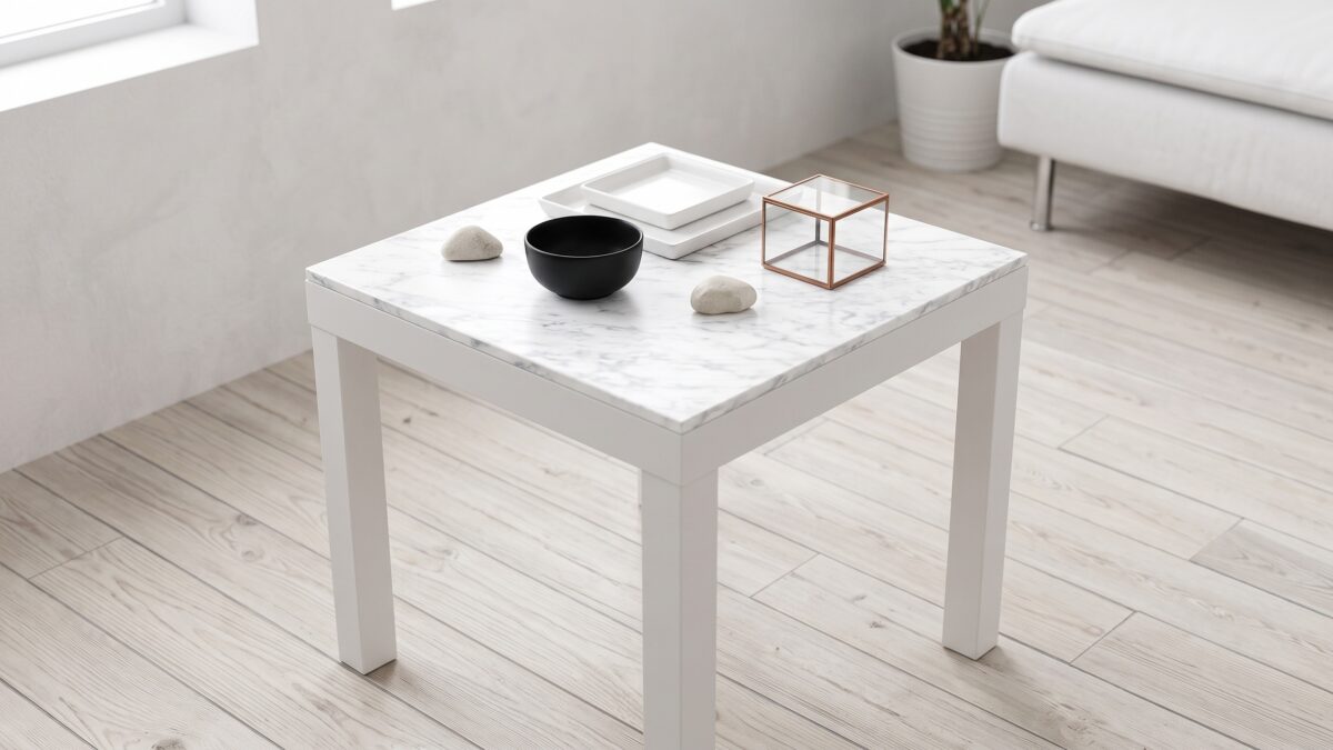 Table basse IKEA LACK customisée avec plateau effet marbre blanc