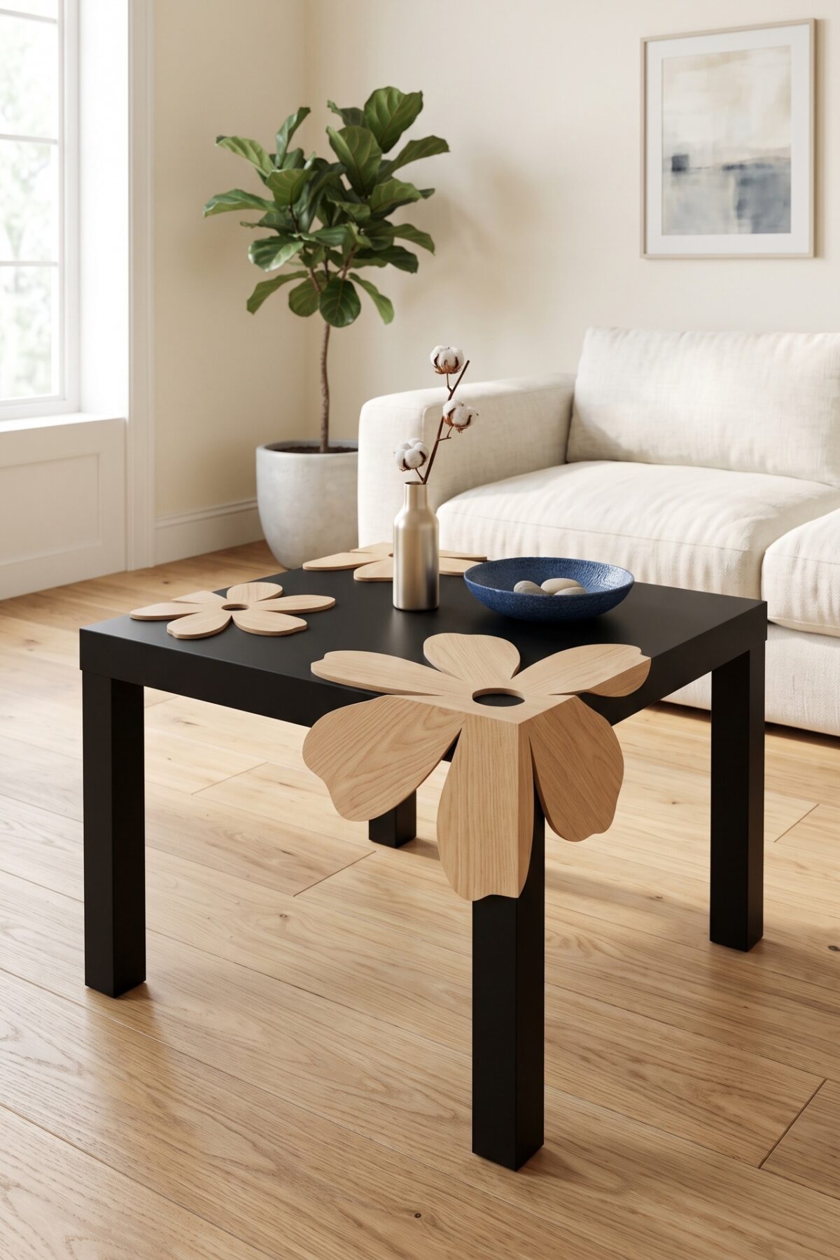 Table basse IKEA noire décorée de fleurs en bois naturel