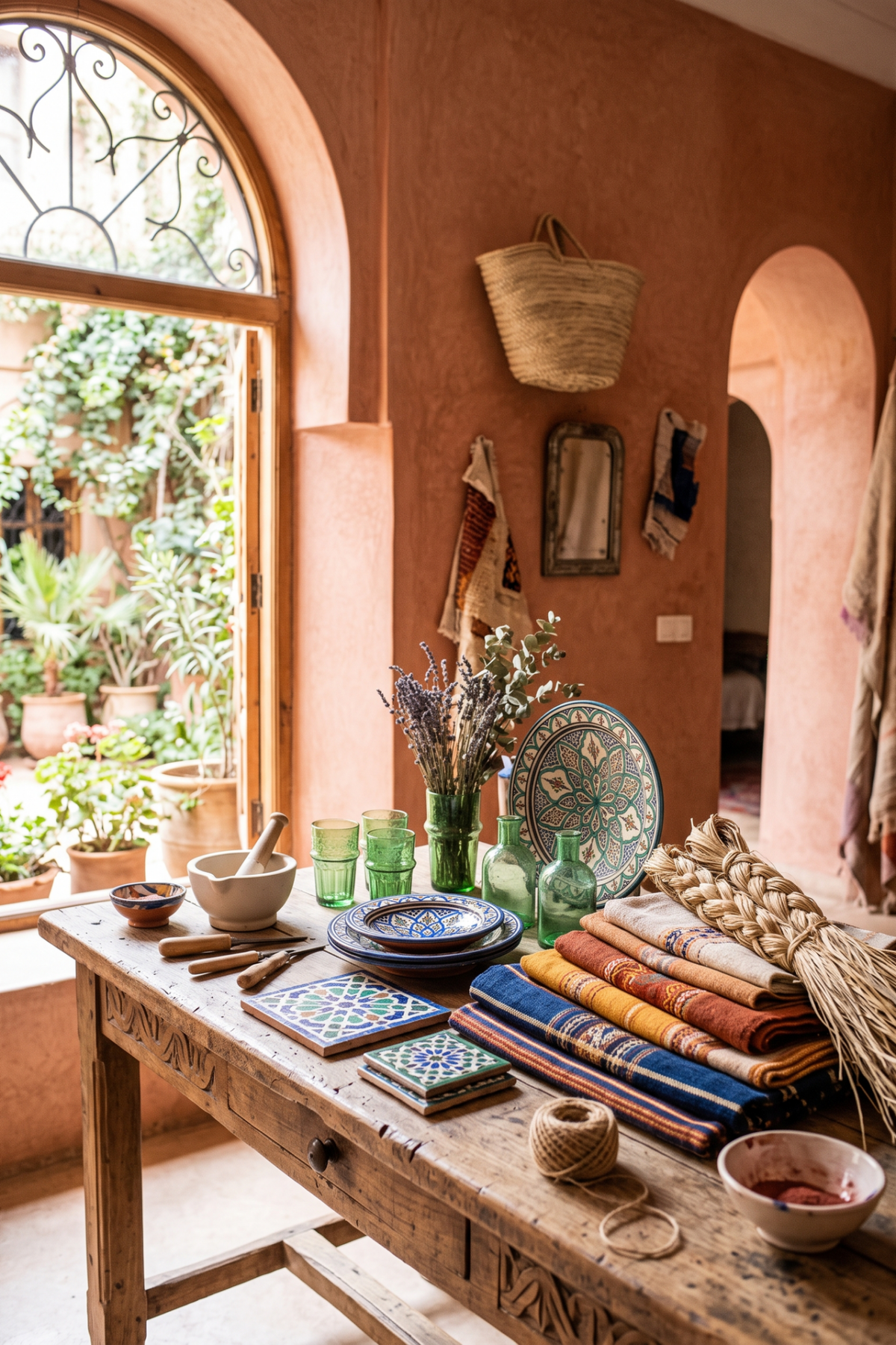 table marocaine avec céramiques, verre beldi, fibres tressées et échantillons de tissu