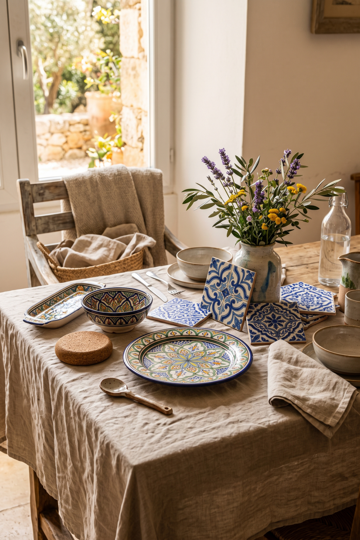 table présentant des céramiques portugaises, des azulejos, du linge en lin et du liège