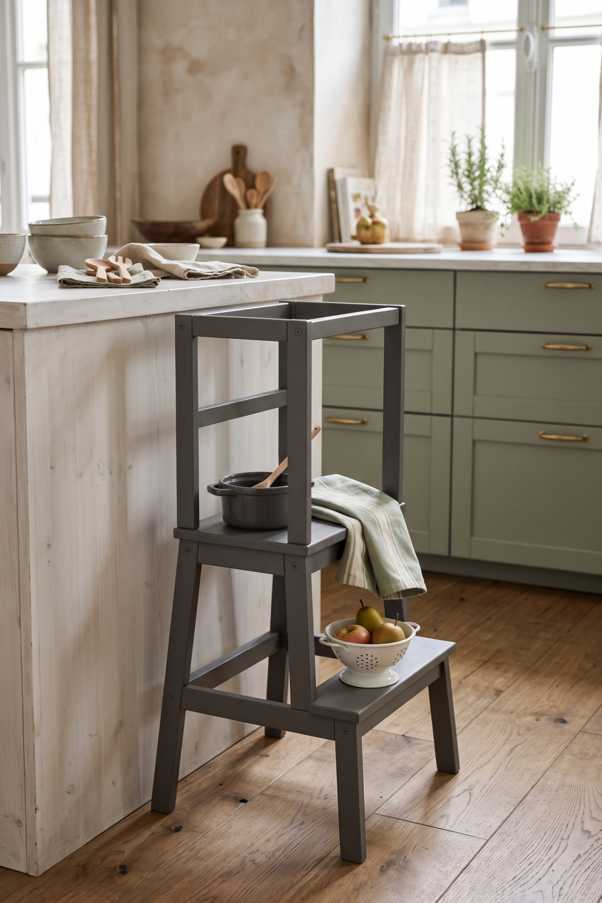 Cuisine de jeu pour enfant réalisée avec un marche-pied IKEA, accessoires et ustensiles