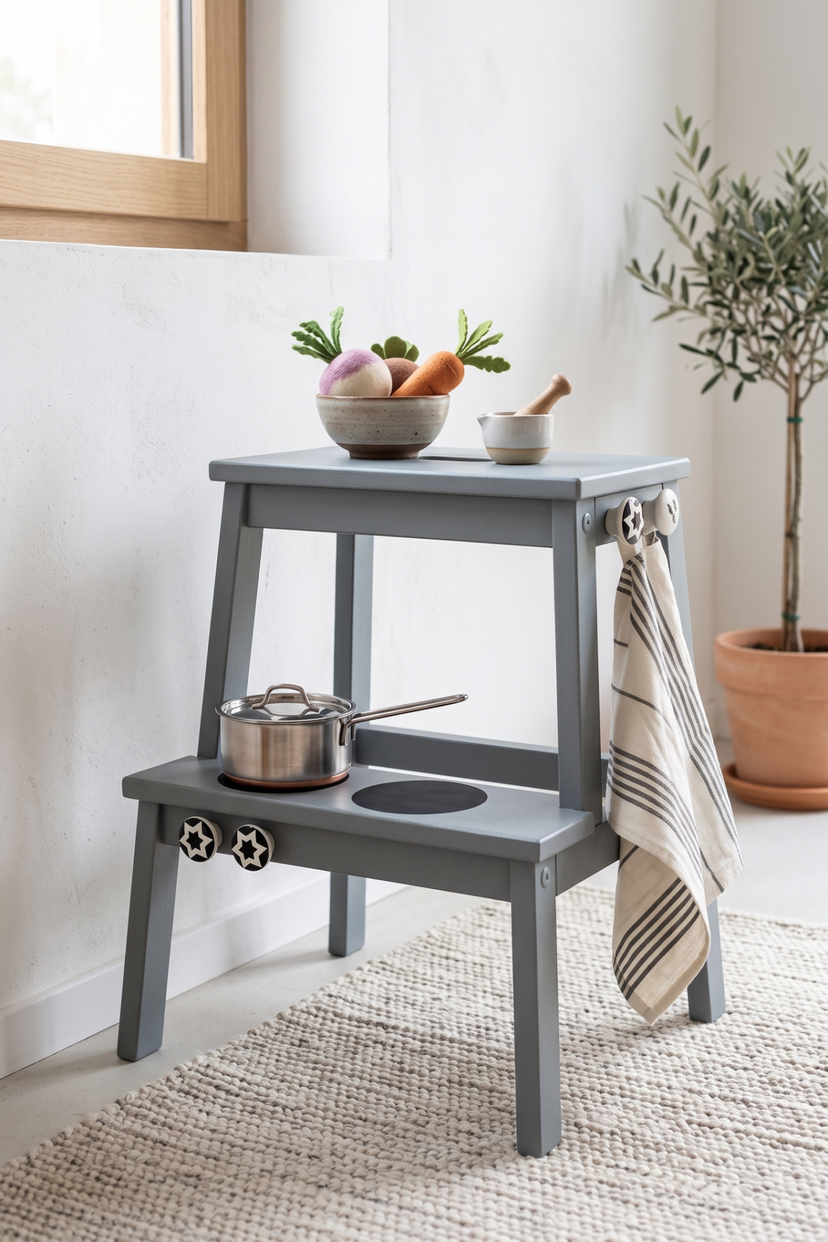 Cuisinière pour enfant fabriquée avec un marche-pied en bois gris