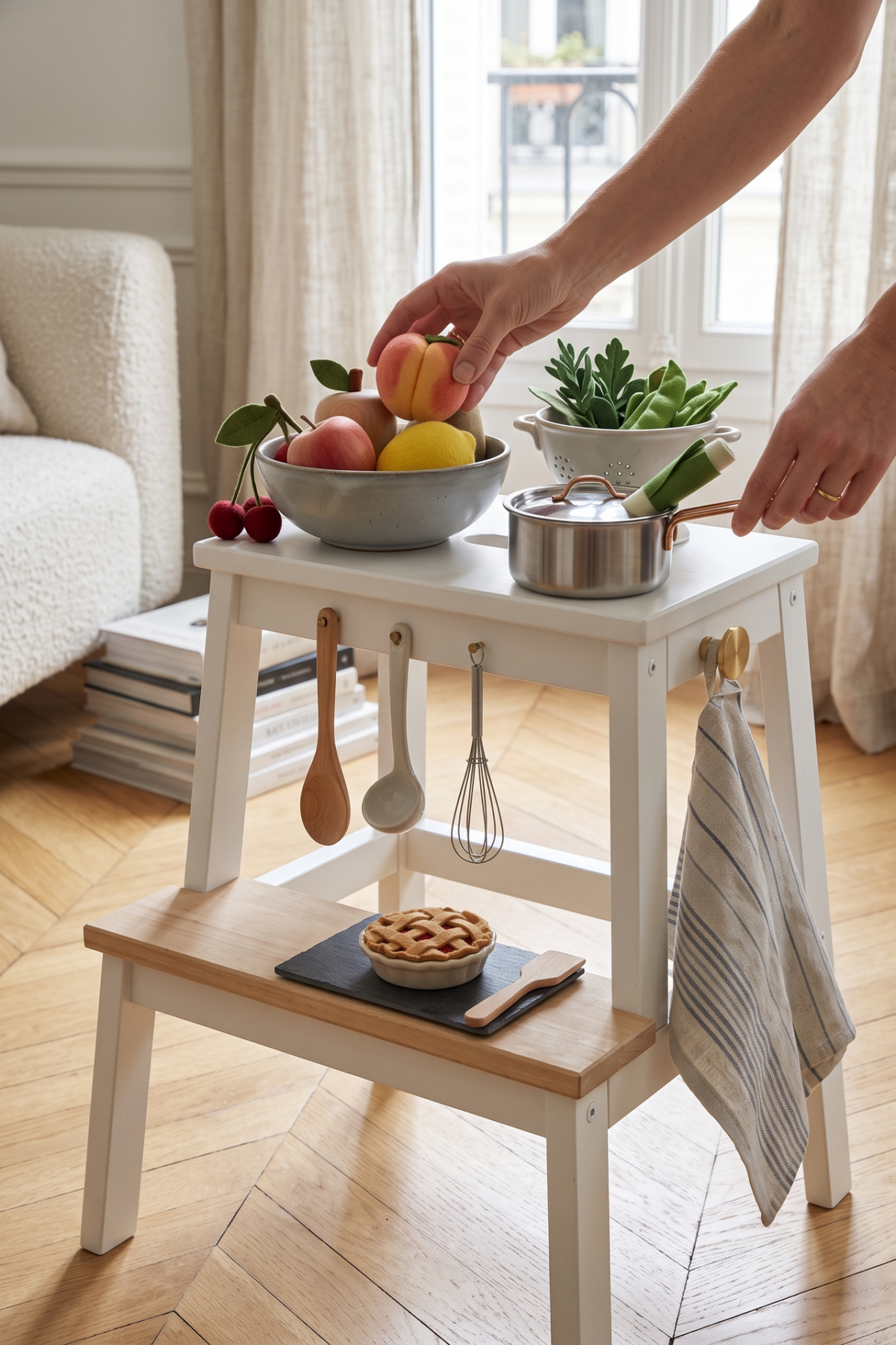 Cuisinière pour enfant en bois gris avec poignées rondes noires et blanches