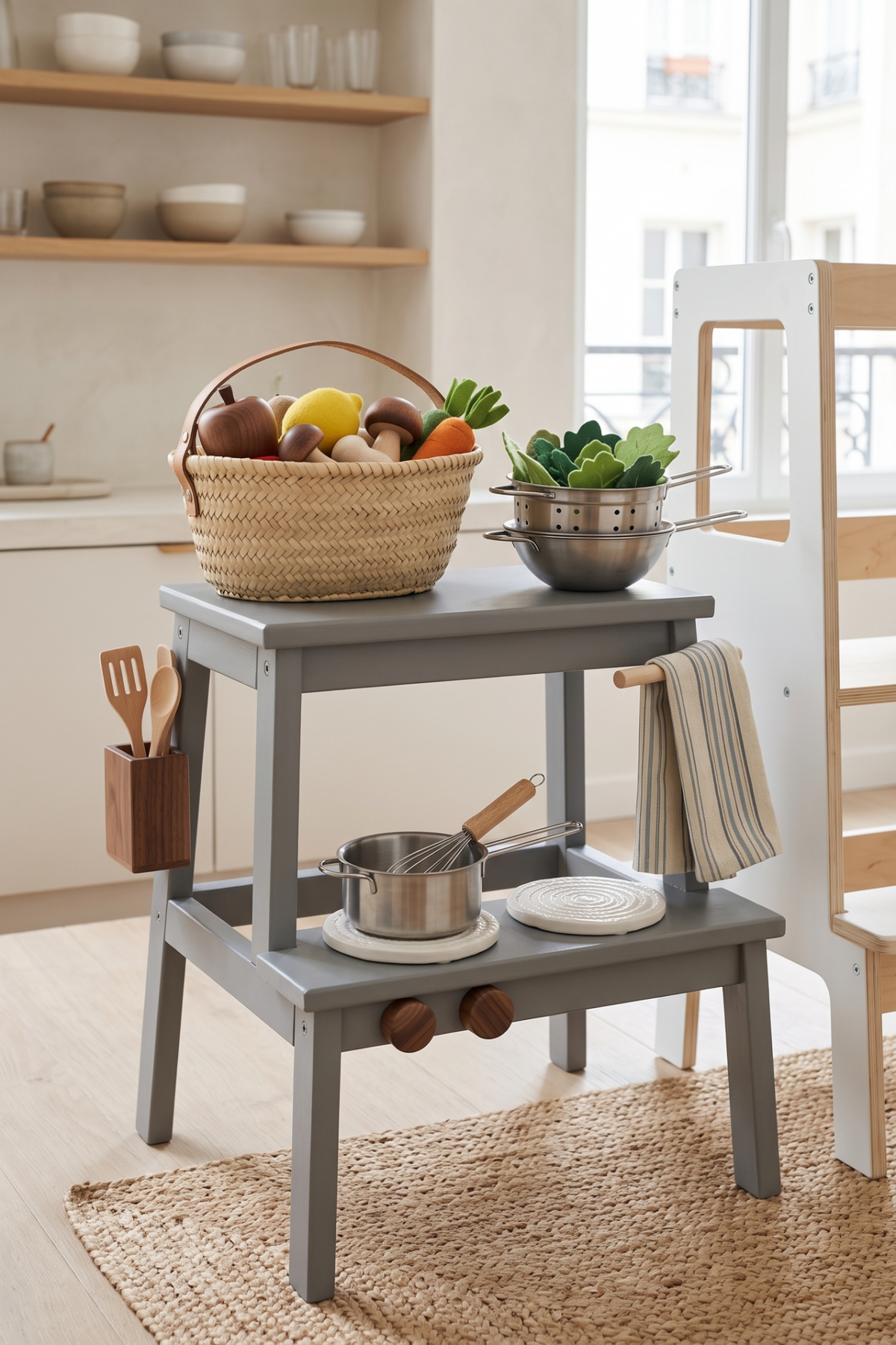Marche-pied transformé en cuisine de jeu pour enfant avec ustensiles et plaque de cuisson