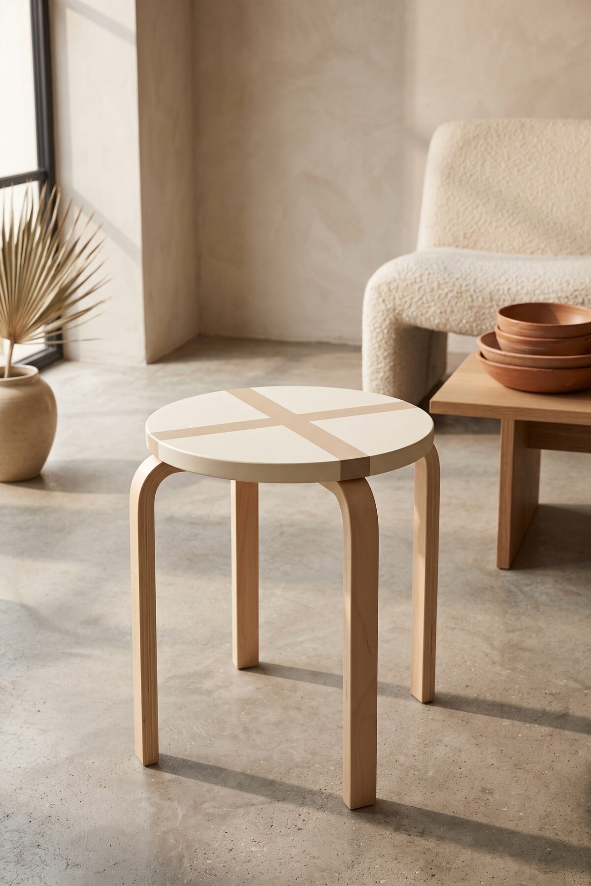 Tabouret Frosta IKEA avec plateau peint en bandes géométriques beige et ivoire