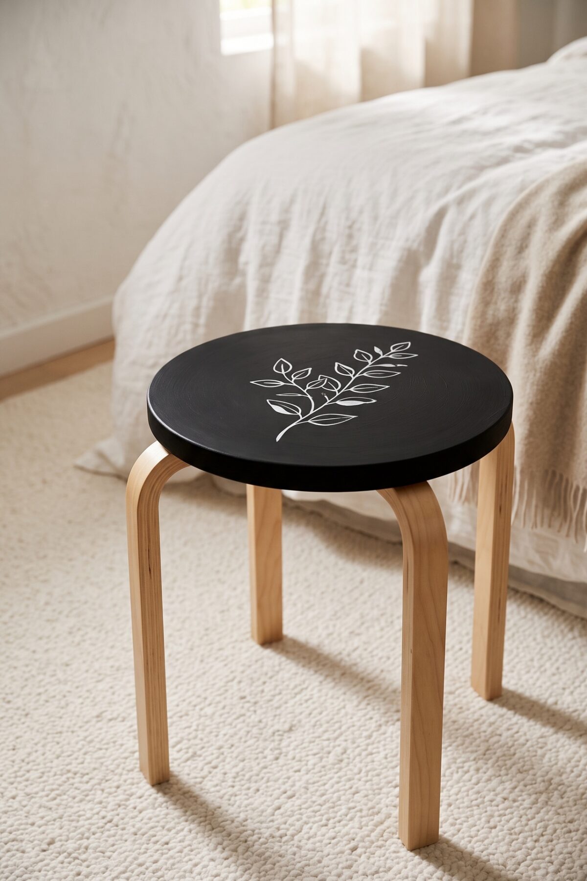Tabouret Frosta IKEA noir avec motif botanique peint dans une chambre