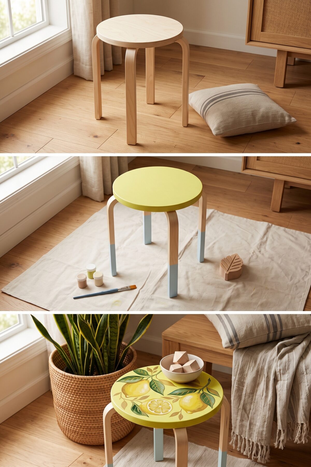 Tabouret Frosta IKEA peint avec un motif fruité dans un salon