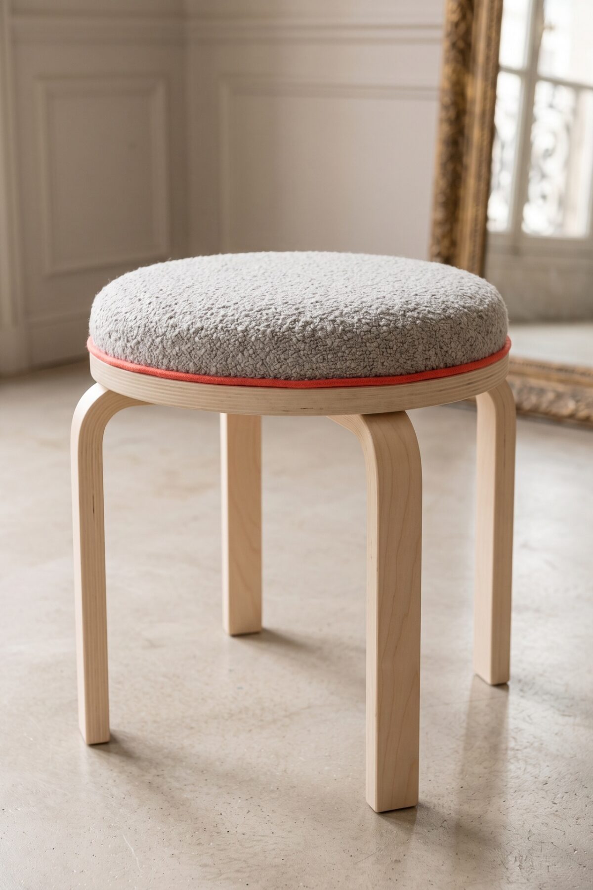 Tabouret Frosta IKEA recouvert d’un tissu gris avec passepoil corail