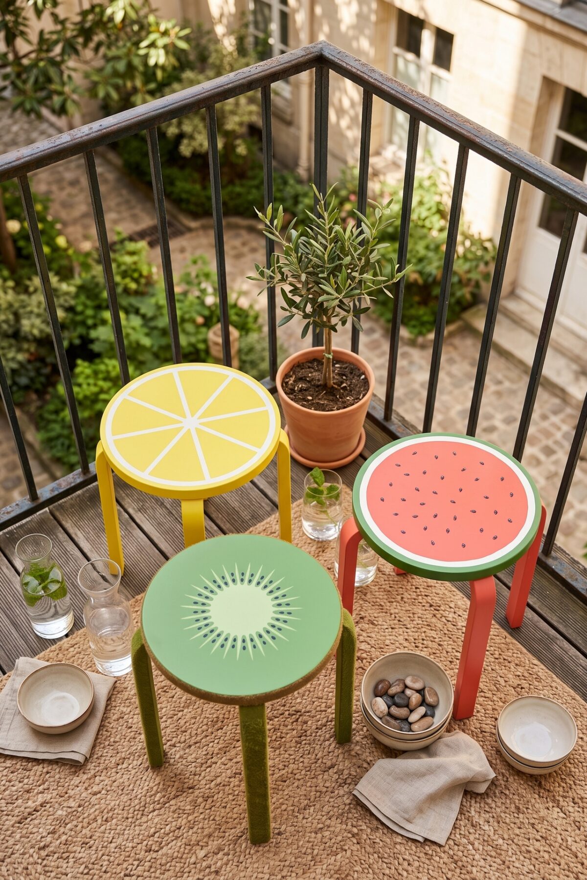 Tabourets Frosta IKEA peints comme des tranches de fruits sur une terrasse