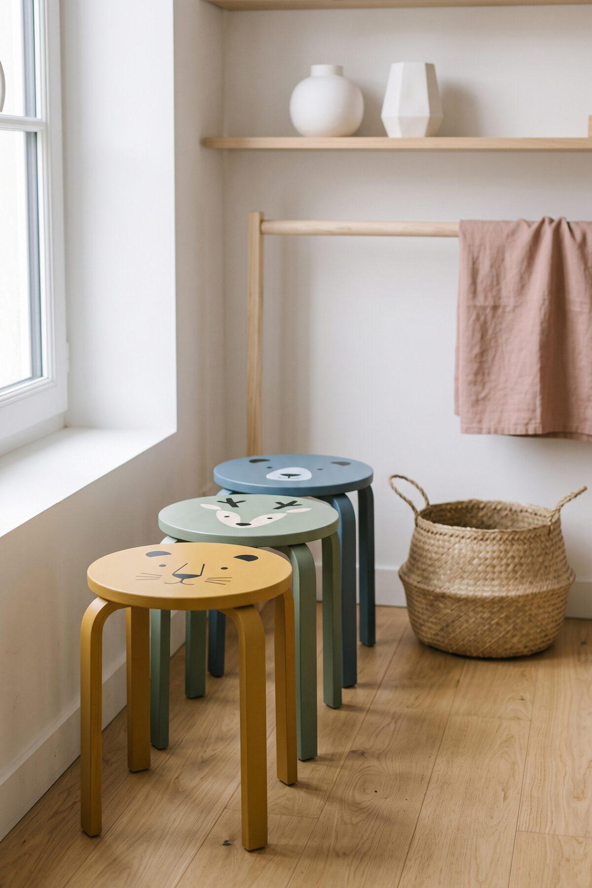 Tabourets IKEA enfant peints en couleurs pastel
