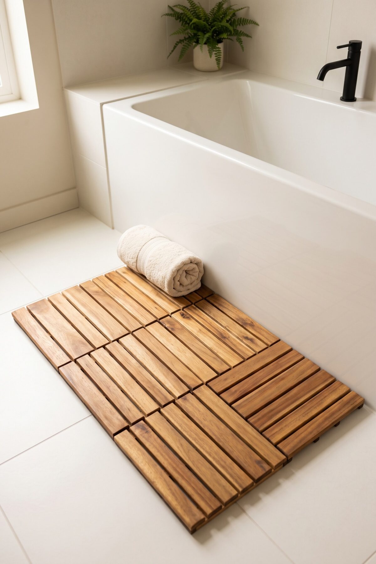 Tapis de bain caillebotis bois dans une salle de bain spa