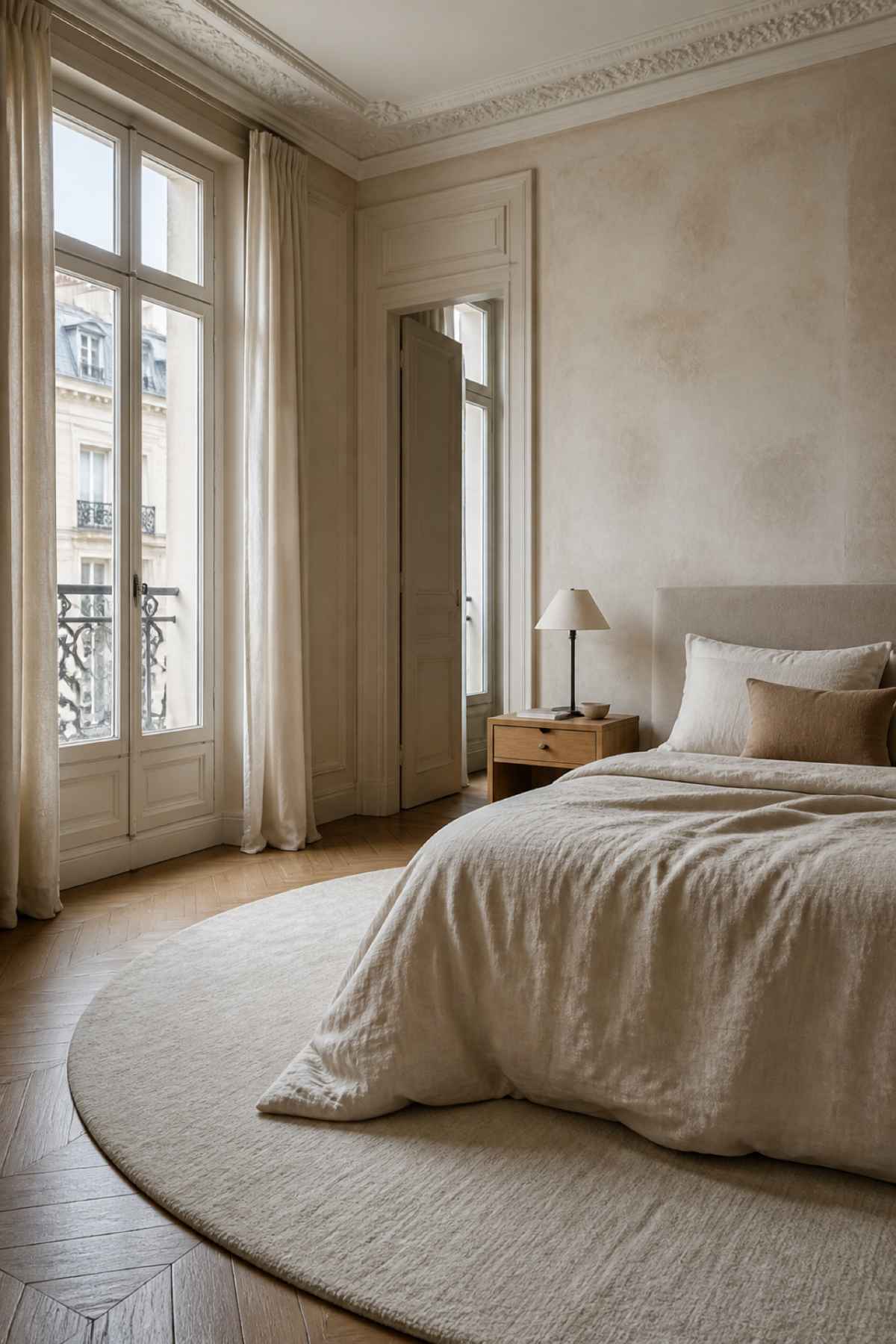 Tapis rond doux installé sous le lit dans une chambre parisienne lumineuse.