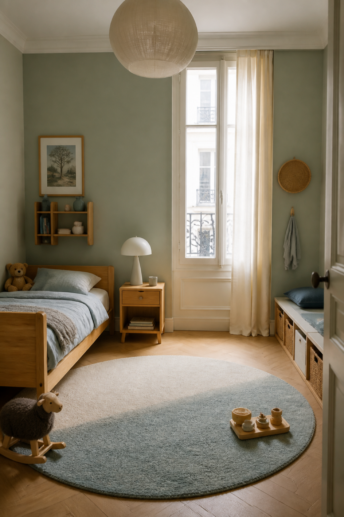 Tapis rond lavable qui délimite une zone de jeu dans une chambre d’enfant.