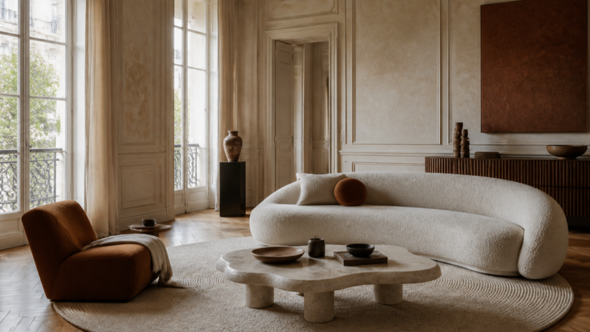 Salon contemporain avec un grand tapis rond sous le canapé et la table basse.