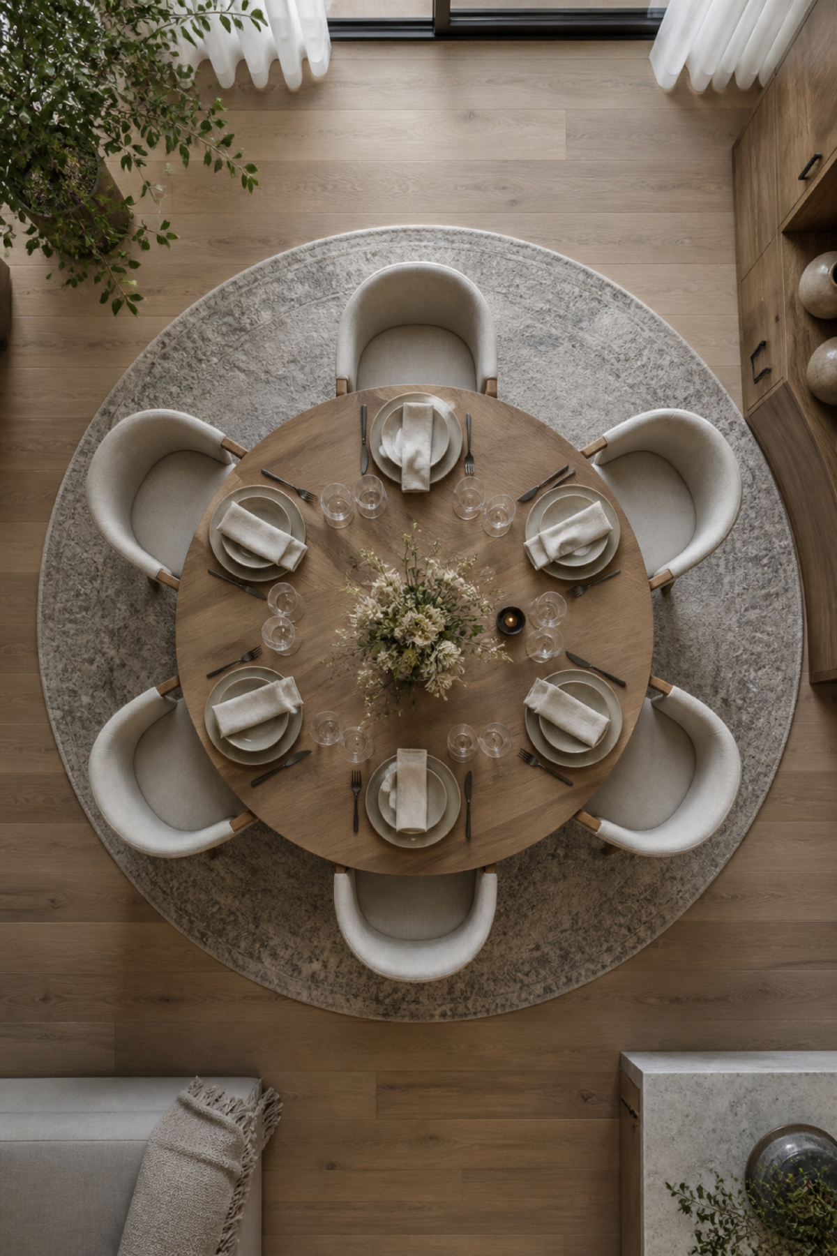 Vue du dessus d’une table ronde et de ses chaises installées sur un tapis rond assez grand.