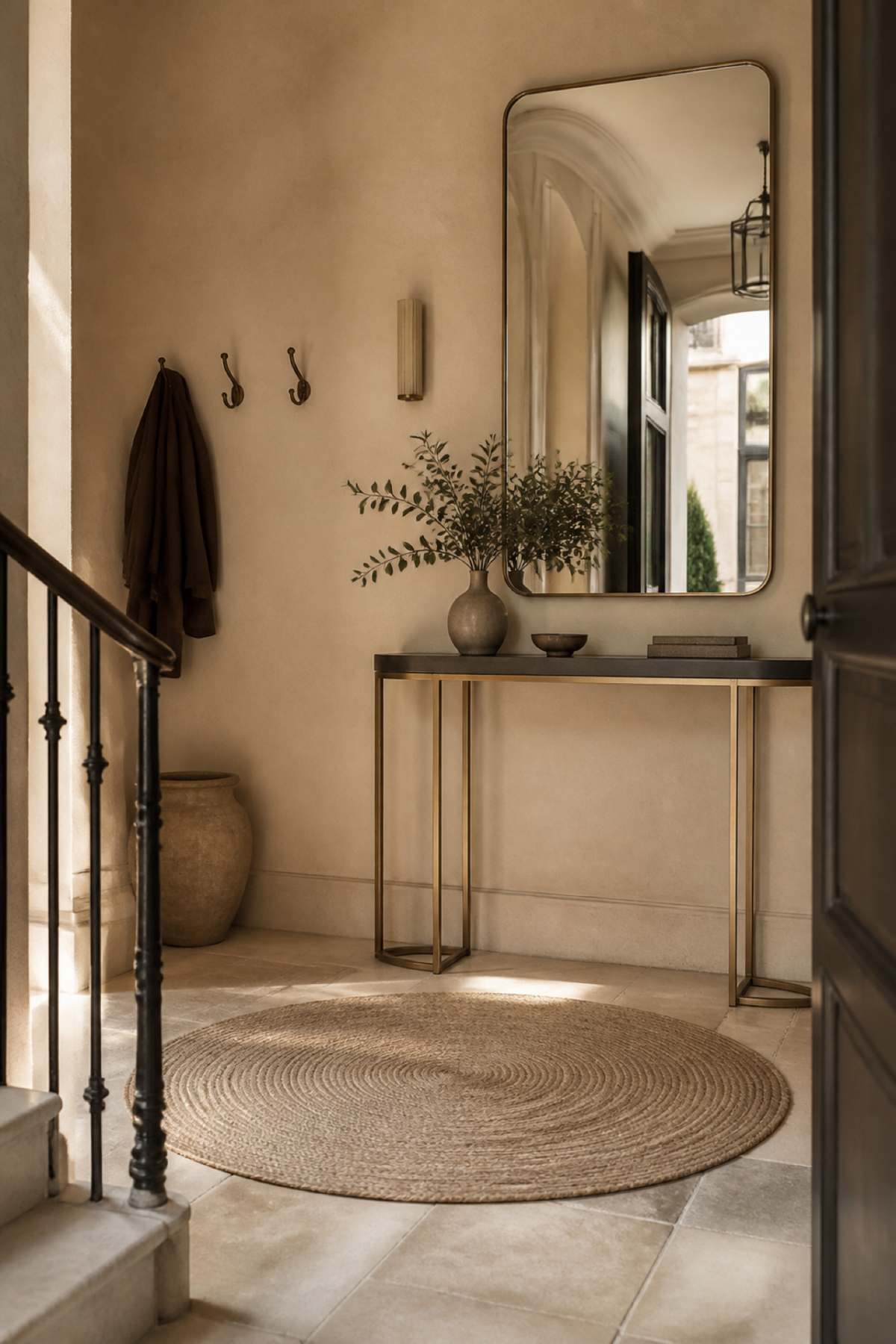 Tapis rond qui structure une entrée avec console et miroir.