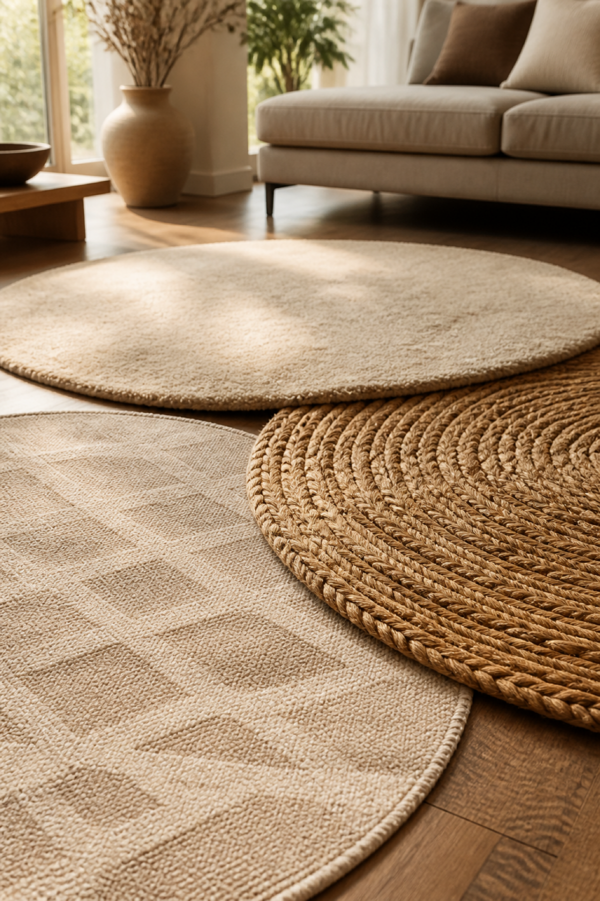 Détail de tapis ronds en laine, coton et fibres tressées pour comparer leurs textures.