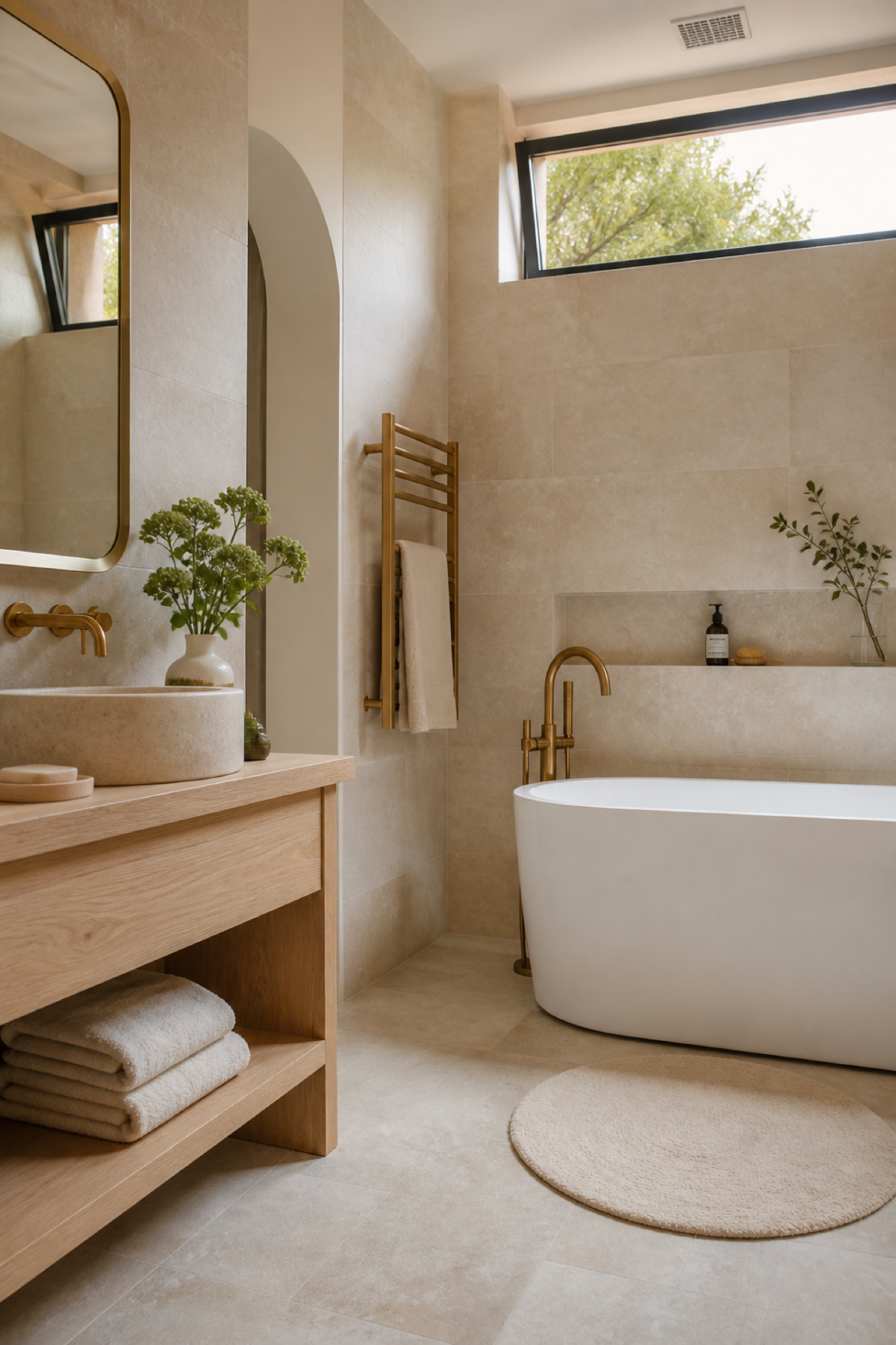 Petit tapis rond lavable placé près d’une baignoire dans une salle de bain contemporaine.