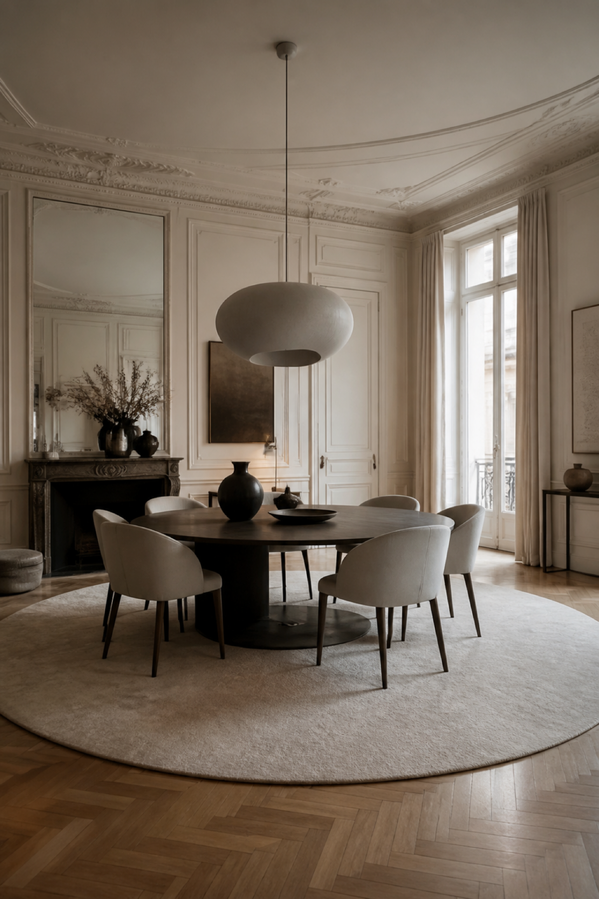Tapis rond suffisamment grand pour accueillir une table ronde et toutes ses chaises.