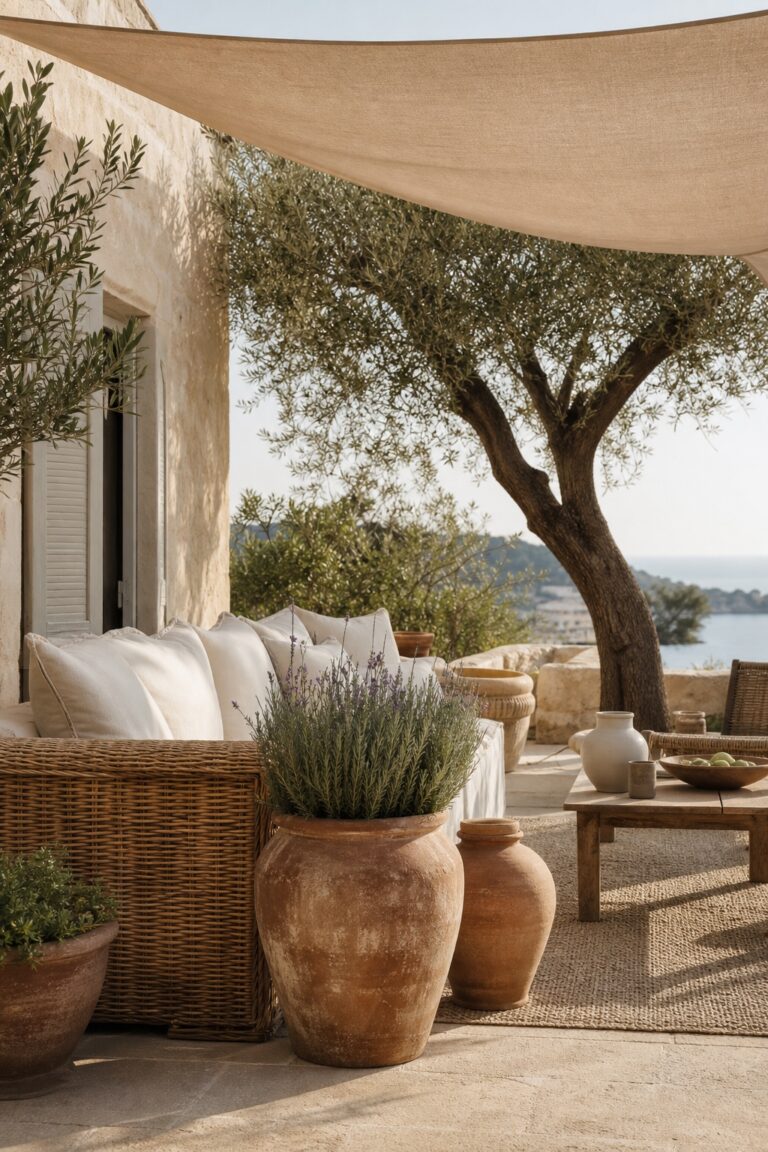 Terrasse méditerranéenne avec canapé en rotin, coussins écrus, pots en terre cuite et voile d’ombrage