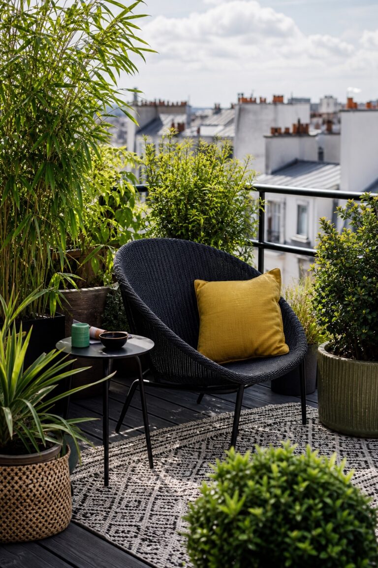 Terrasse urban jungle avec fauteuil noir tressé, coussin jaune, plantes et tapis extérieur