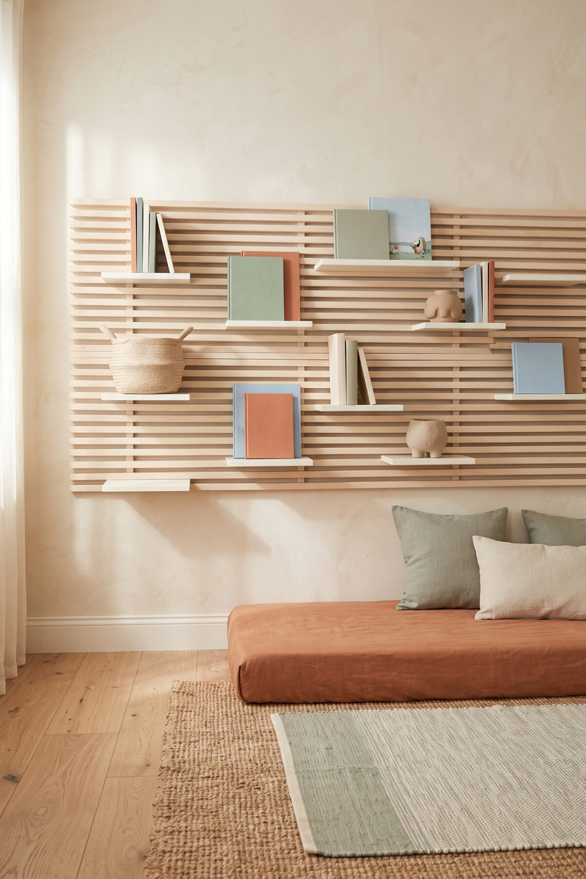 Tête de lit IKEA MANDAL transformée en bibliothèque pour une chambre d’enfant