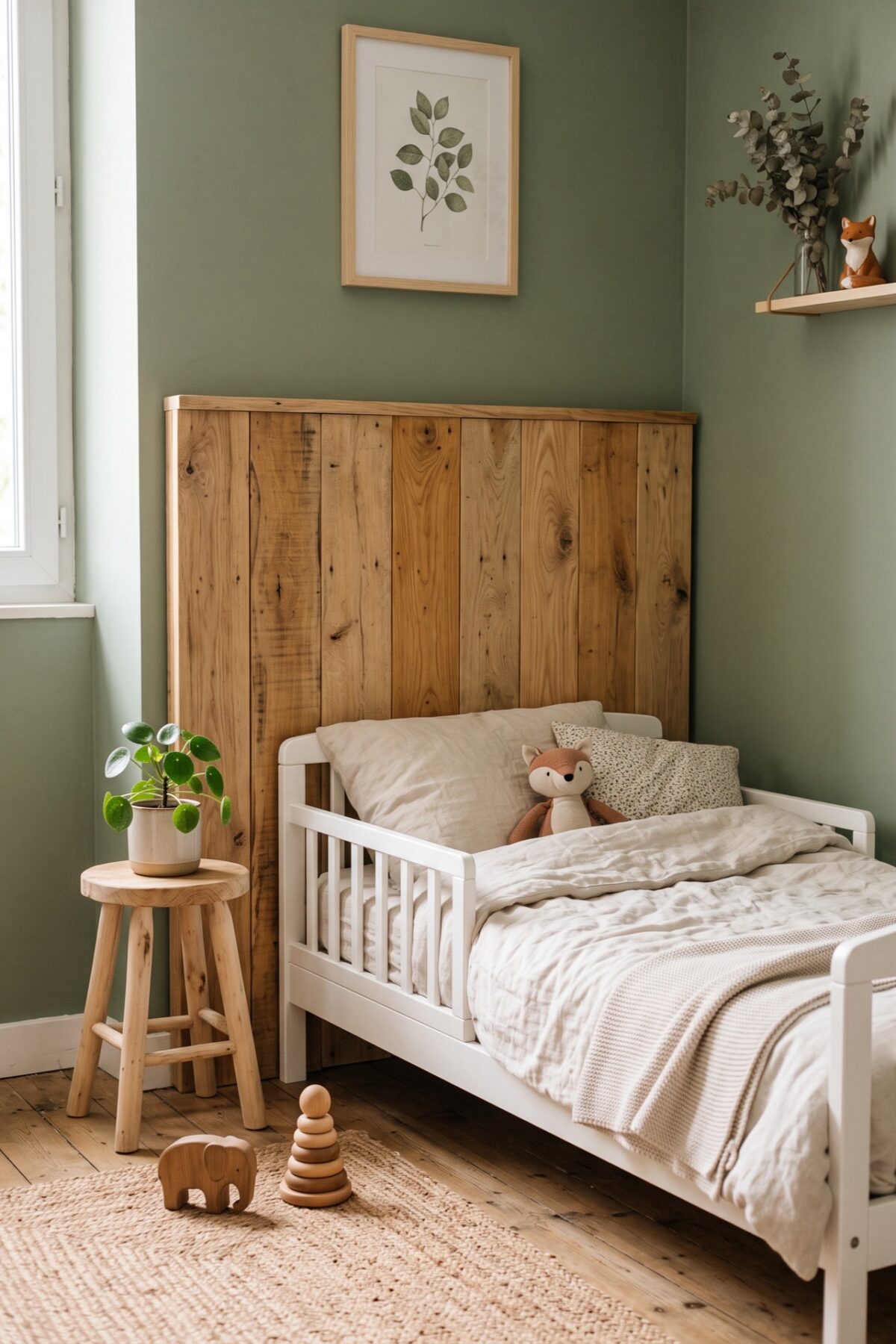 Tête de lit en planches de bois de récupération derrière un lit d’enfant