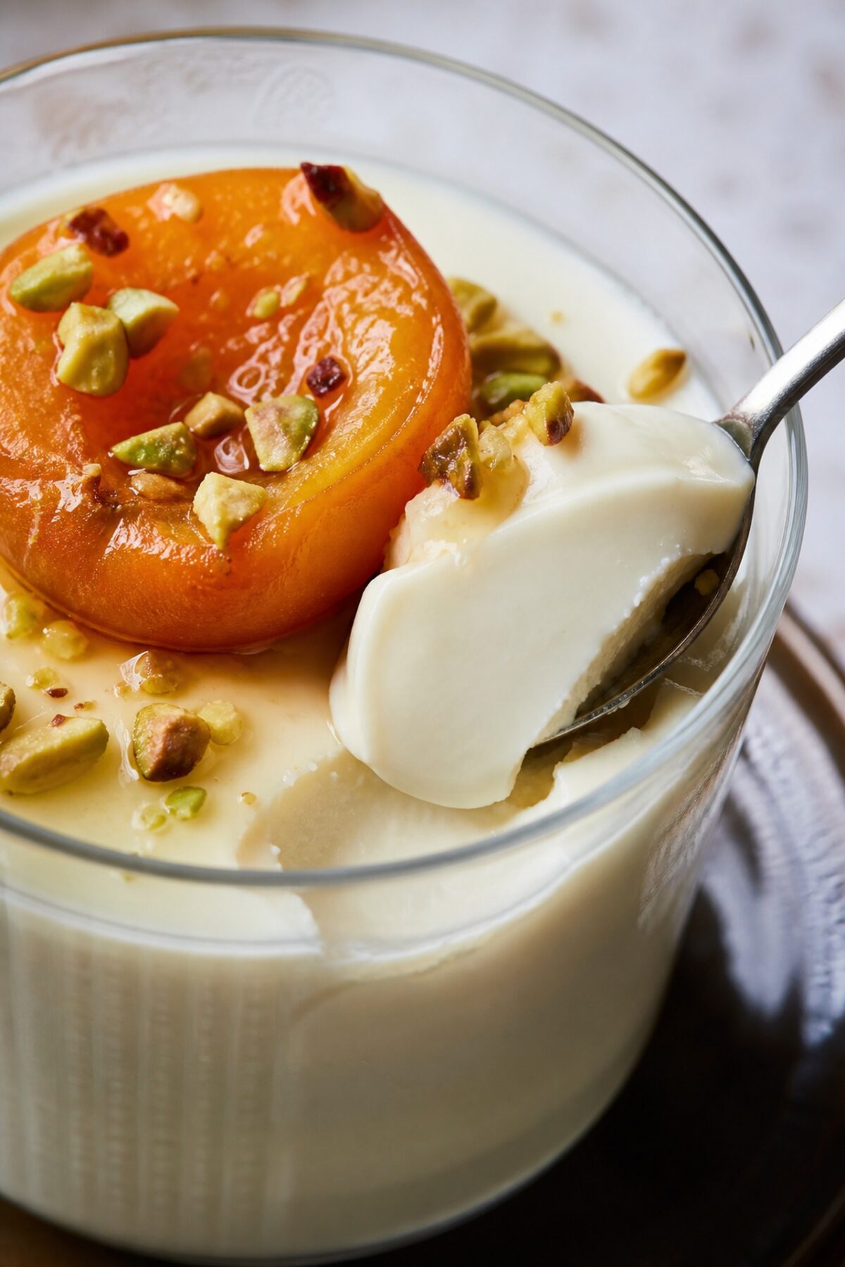 Cuillère prélevant une panna cotta ivoire crémeuse avec un abricot rôti, des pistaches et du miel