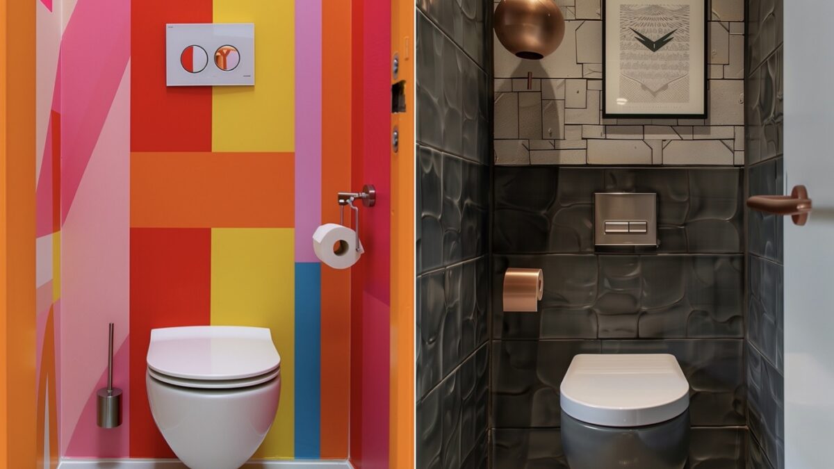 Deux toilettes décorées avec un papier peint coloré et un carrelage sombre aux détails cuivrés