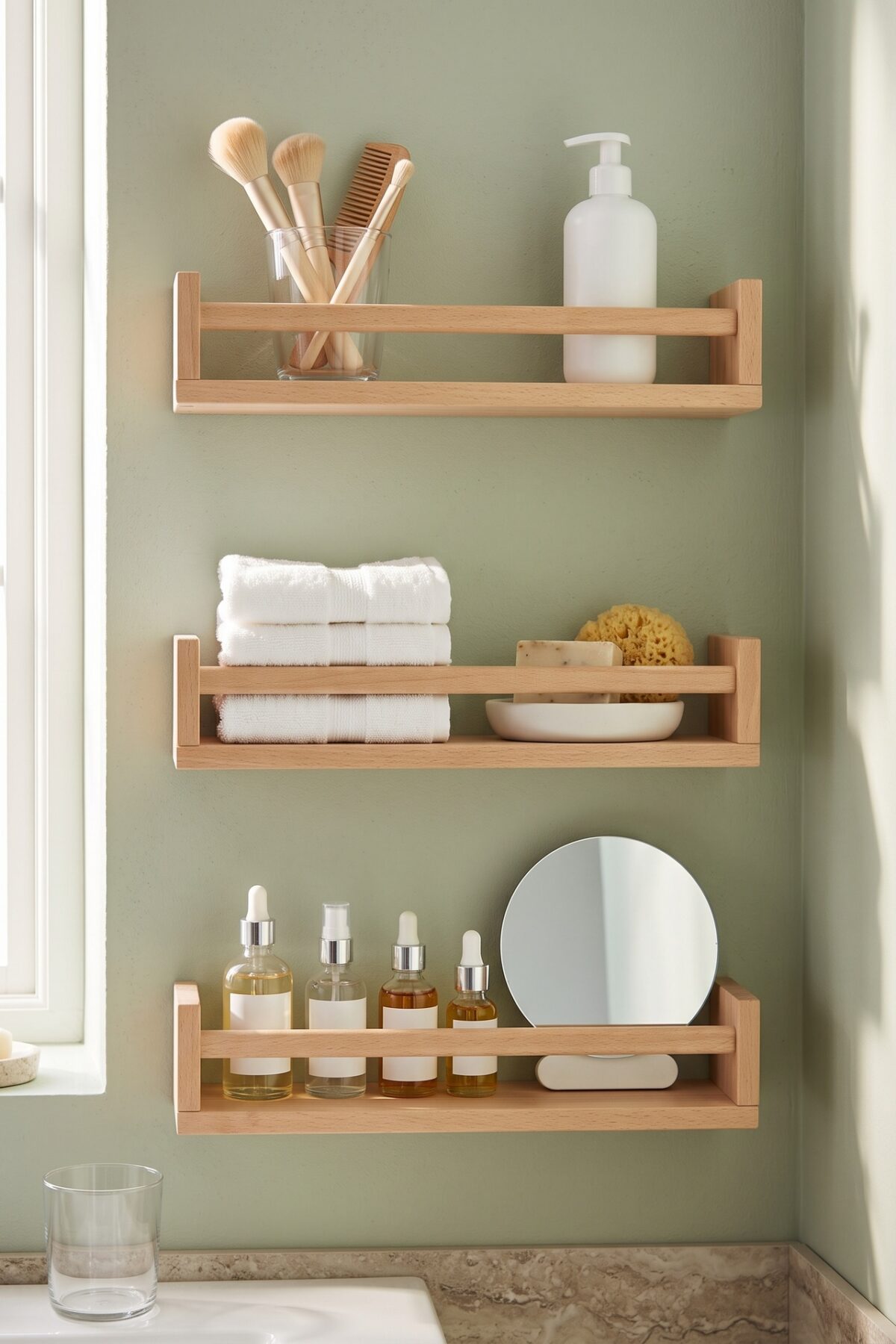 Trois étagères BEKVÄM en bois pour organiser les produits et serviettes de salle de bain